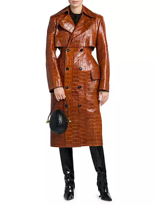 Women's Crocodile Real Leather Coat Embossed Long Coat 