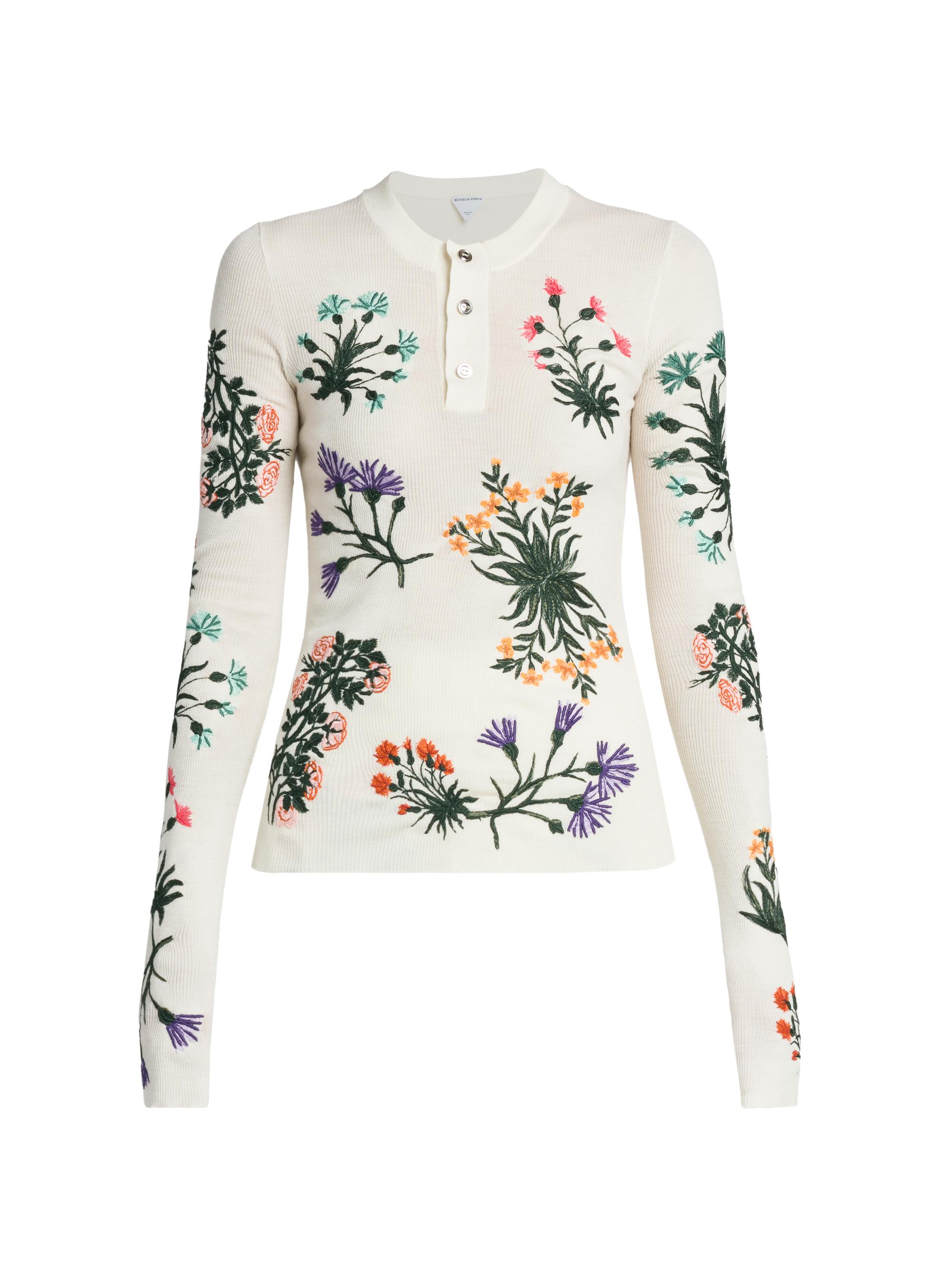 Bottega Veneta Women's Floral Wool-Blend Henley Top - Chalk