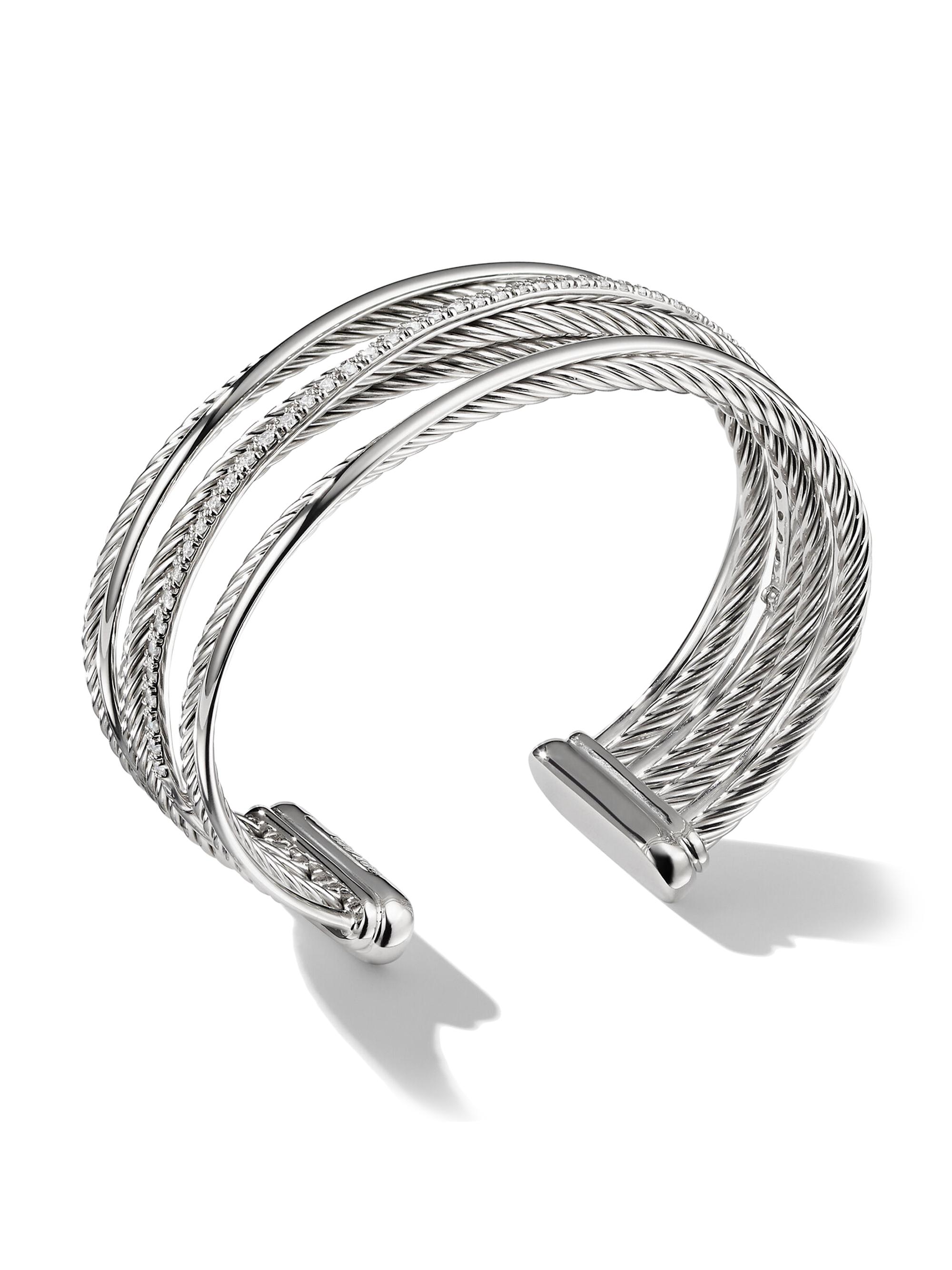 David Yurman Women's Crossover Four Row Cuff Bracelet with Pavé Diamonds - Sterling Silver