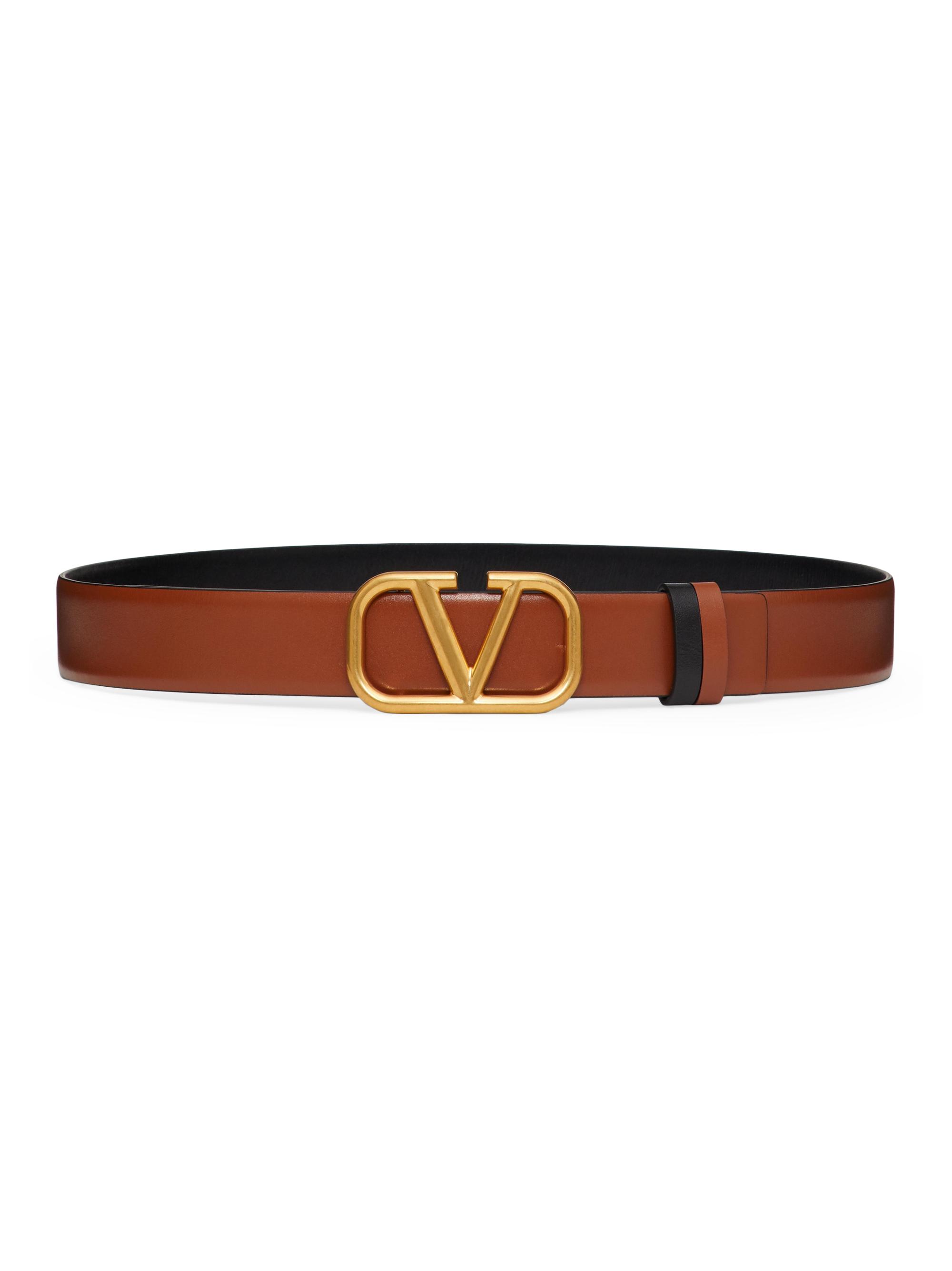 Valentino Garavani Women's Reversible VLogo Signature Belt in Glossy Calfskin 30MM - Saddle Brown Black