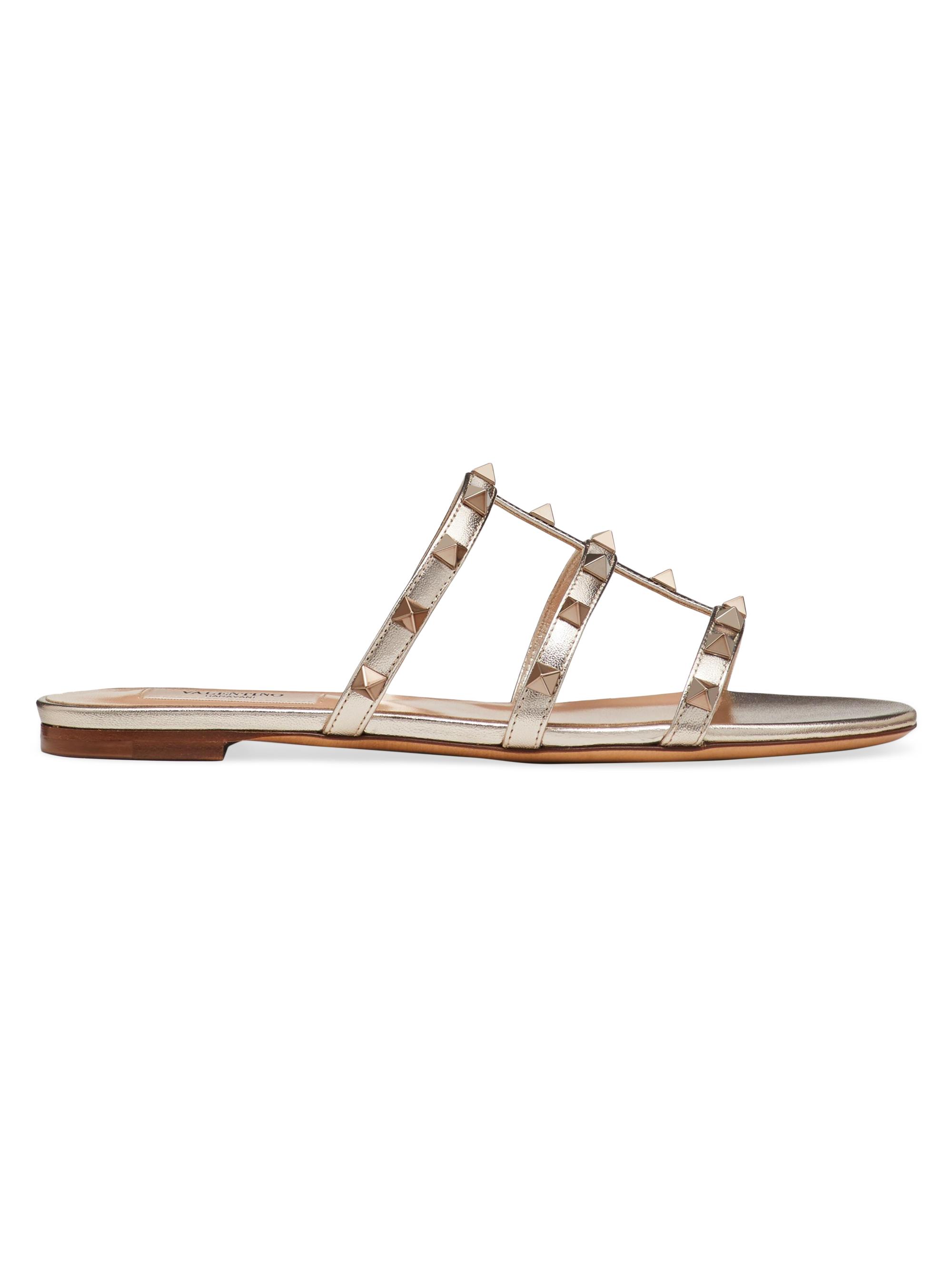Valentino Garavani Women's Rockstud Flat Metallic Nappa Slide Sandals - Skin
