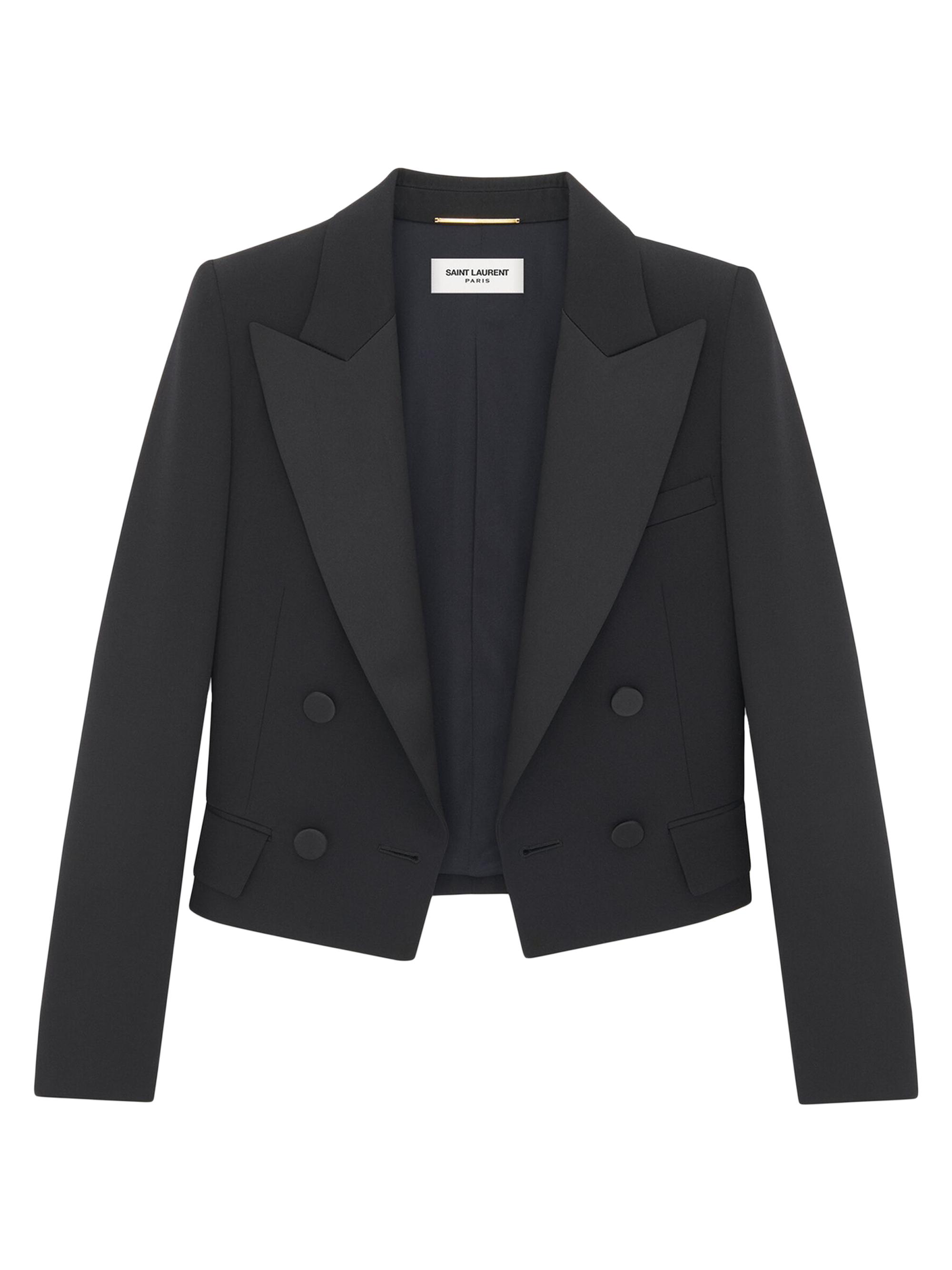 Saint Laurent Cropped Tuxedo Blazer in Grain De Poudre Saks