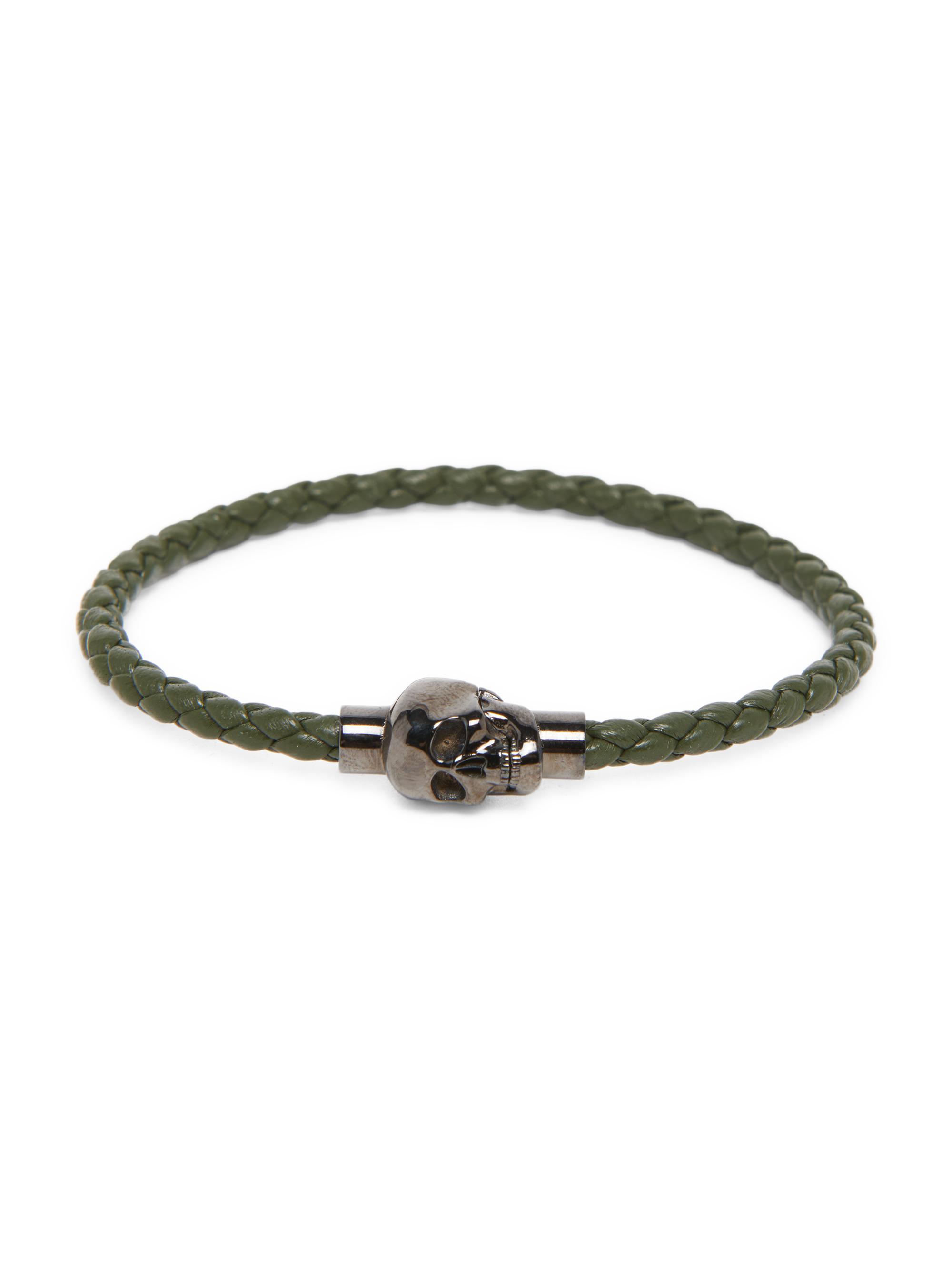McQueen Men's Skull Leather Cord Bracelet - Military Green