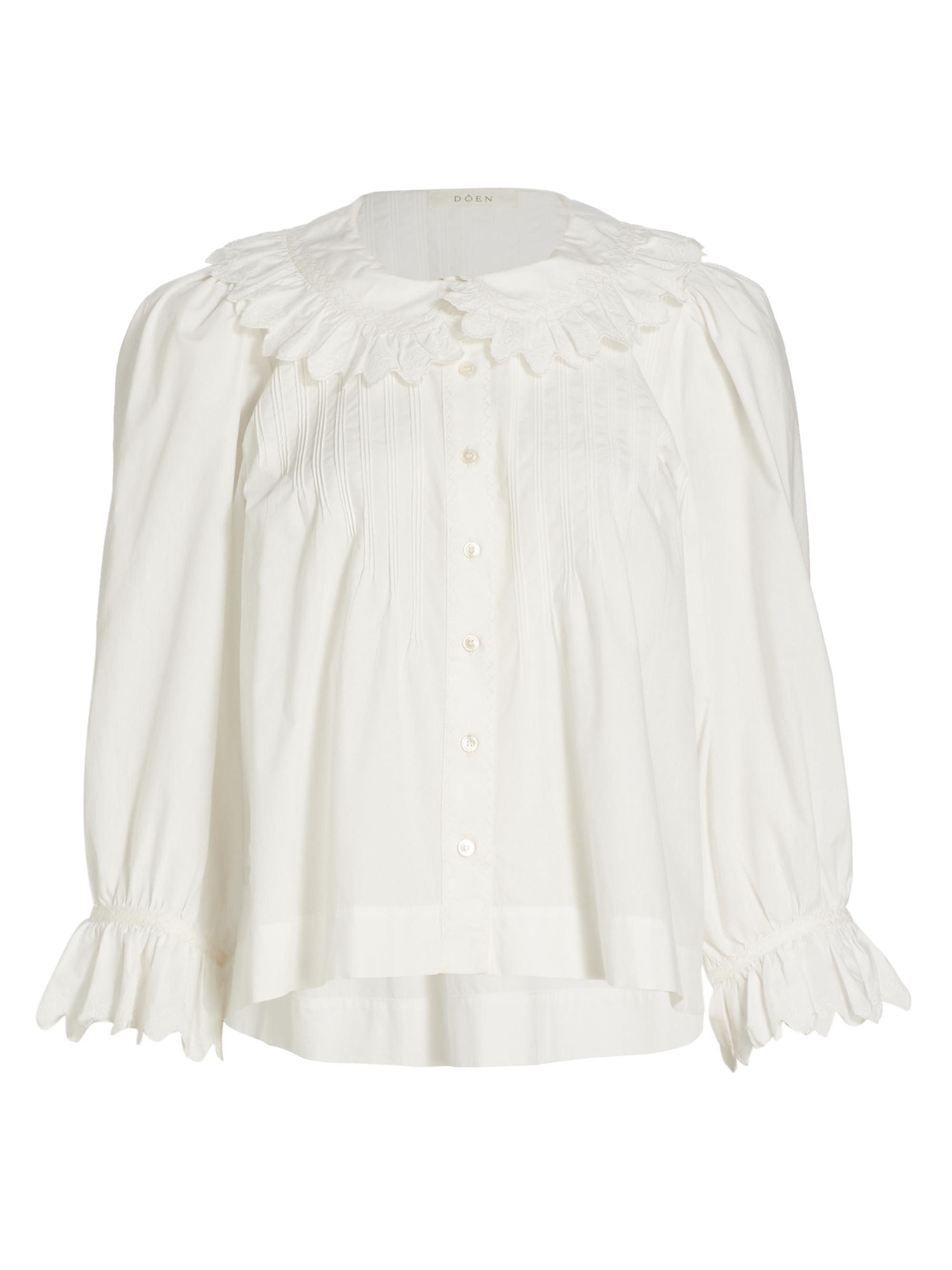 DÔEN Women's Hickory Cotton Poplin Ruffled-Sleeve Top - Powder