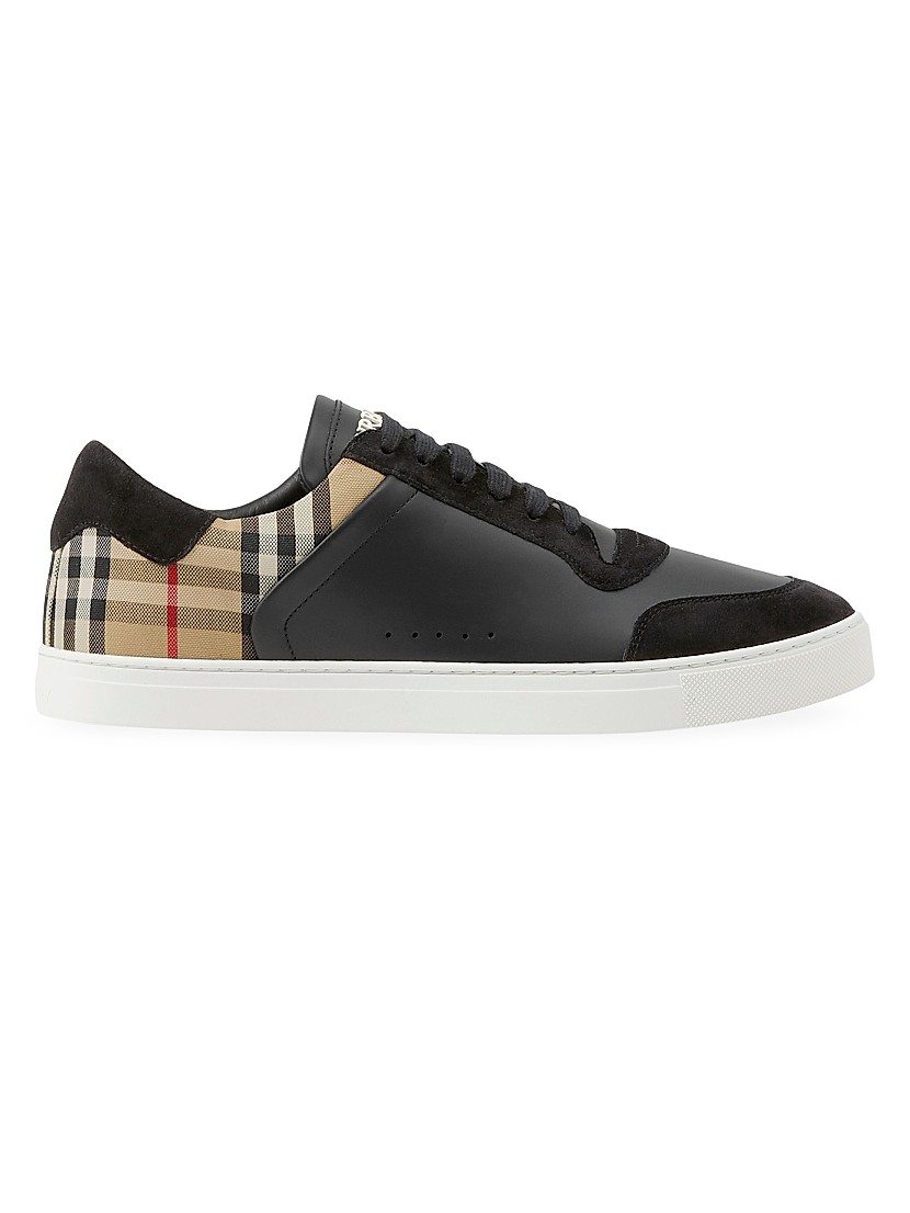 Shop Burberry Stevie Check Leather & Canvas Sneakers | Saks Shop Burberry Stevie Check Leather & Canvas Sneakers | Saks
