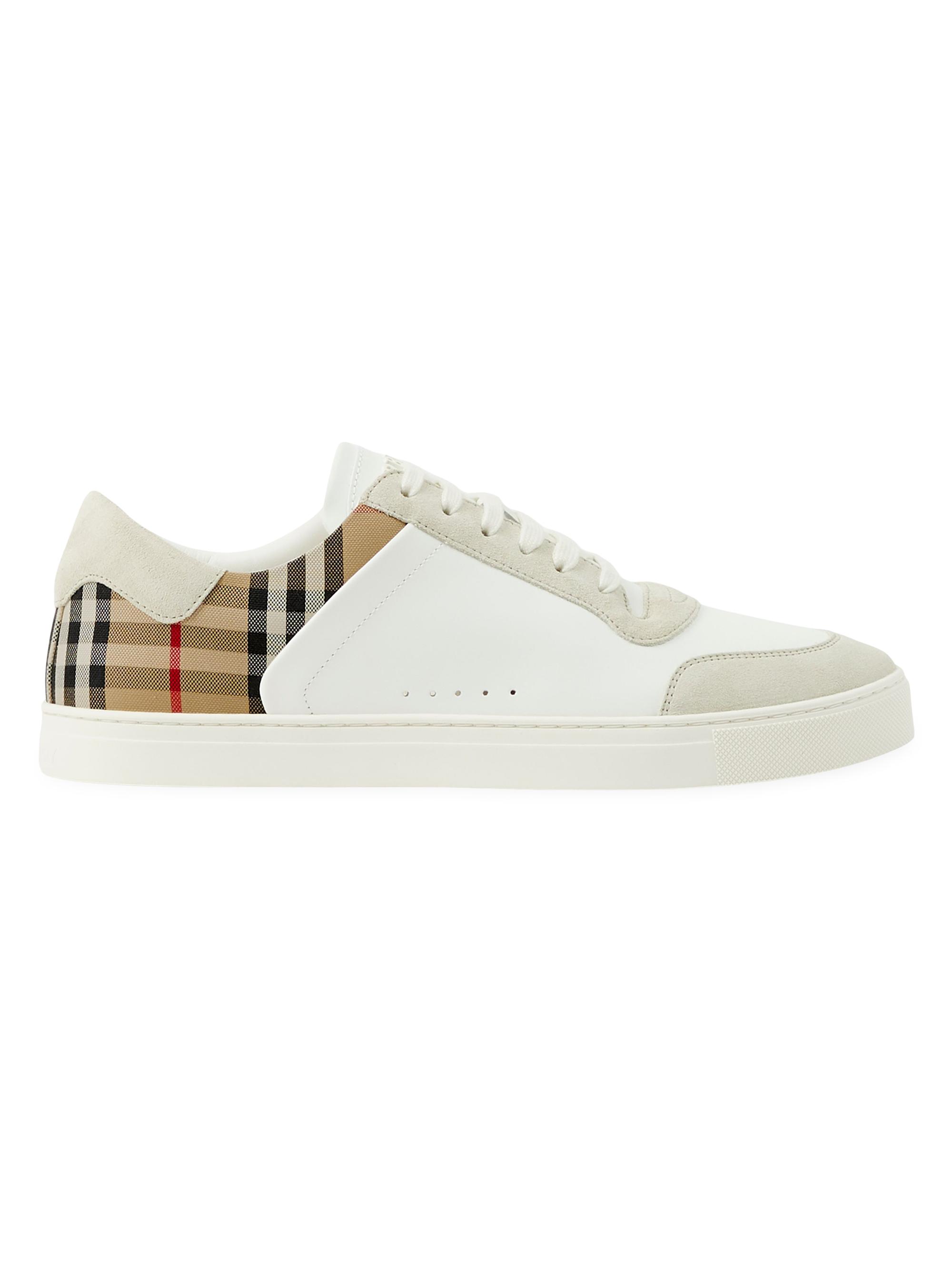 Burberry Men's Stevie Check Leather & Canvas Sneakers - White Check