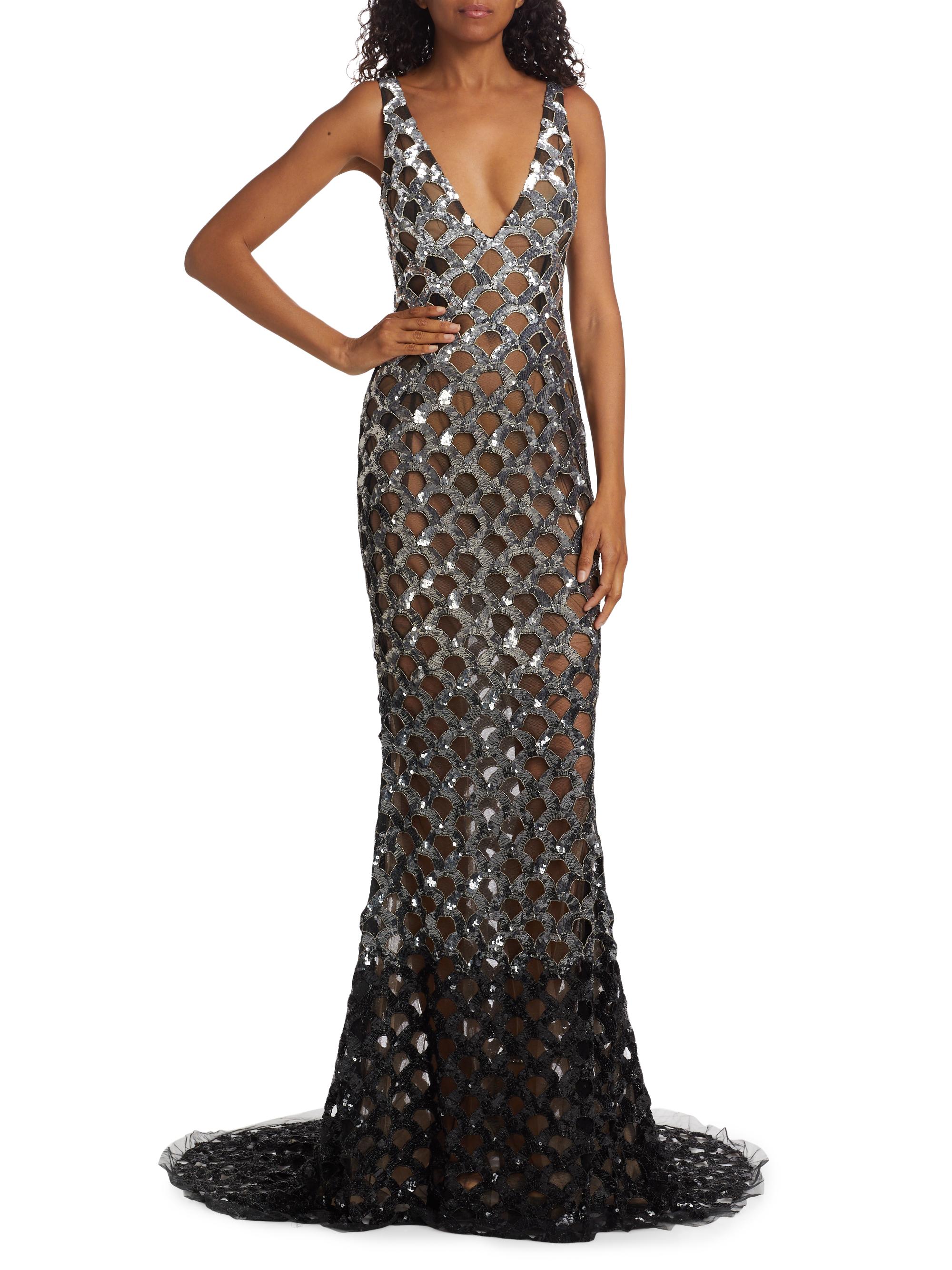 julia louis dreyfus bridesmaid dresses Ombre Sequin Beaded Flared Long Sleeve Maxi Dress - Brown main image 1