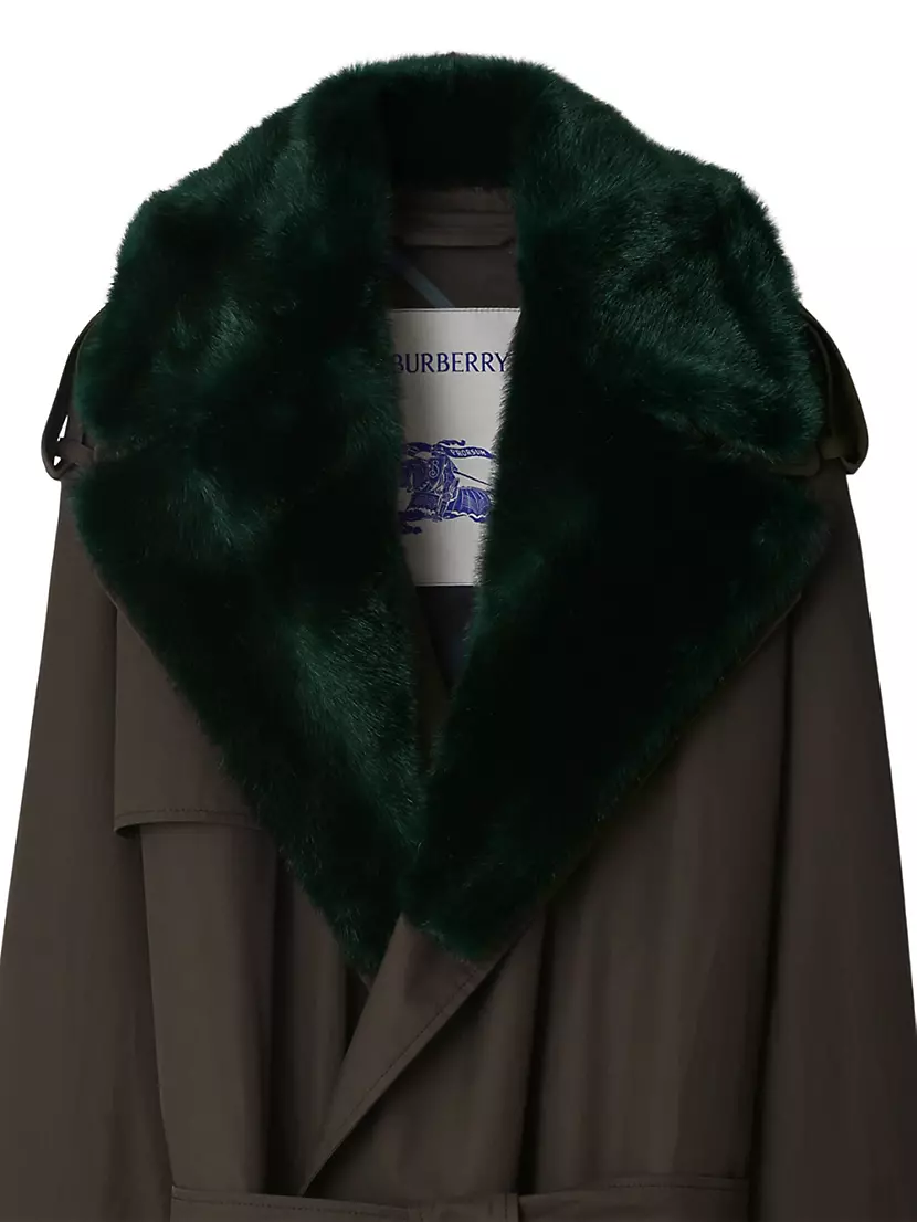 Shop Burberry Kennington Faux-Fur Collar Oversized Trench Coat 