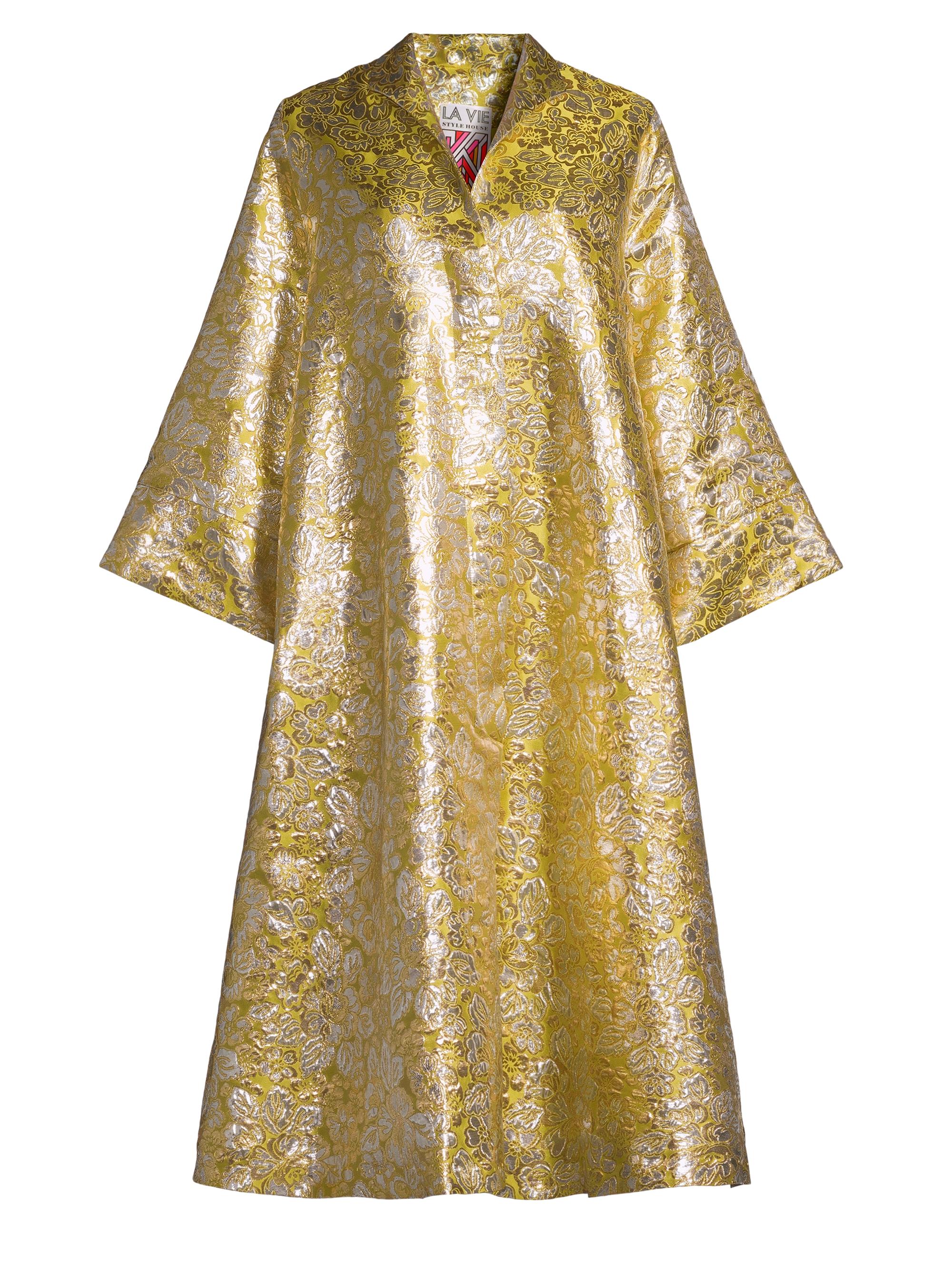 La Vie Style House Women's Floral Brocade Dress Coat - Yellow Silver