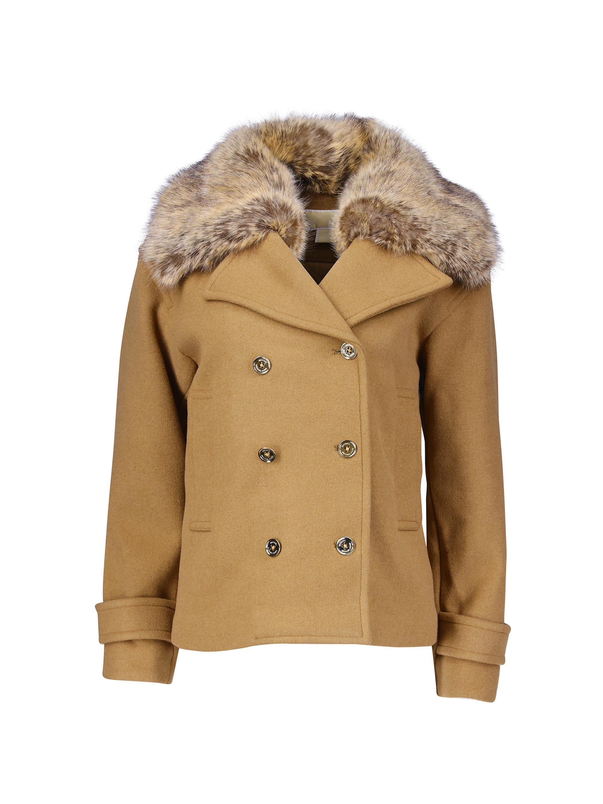 MICHAEL Michael Kors Women's Faux Fur Collar Wool-Blend Short Peacoat - Dark Camel