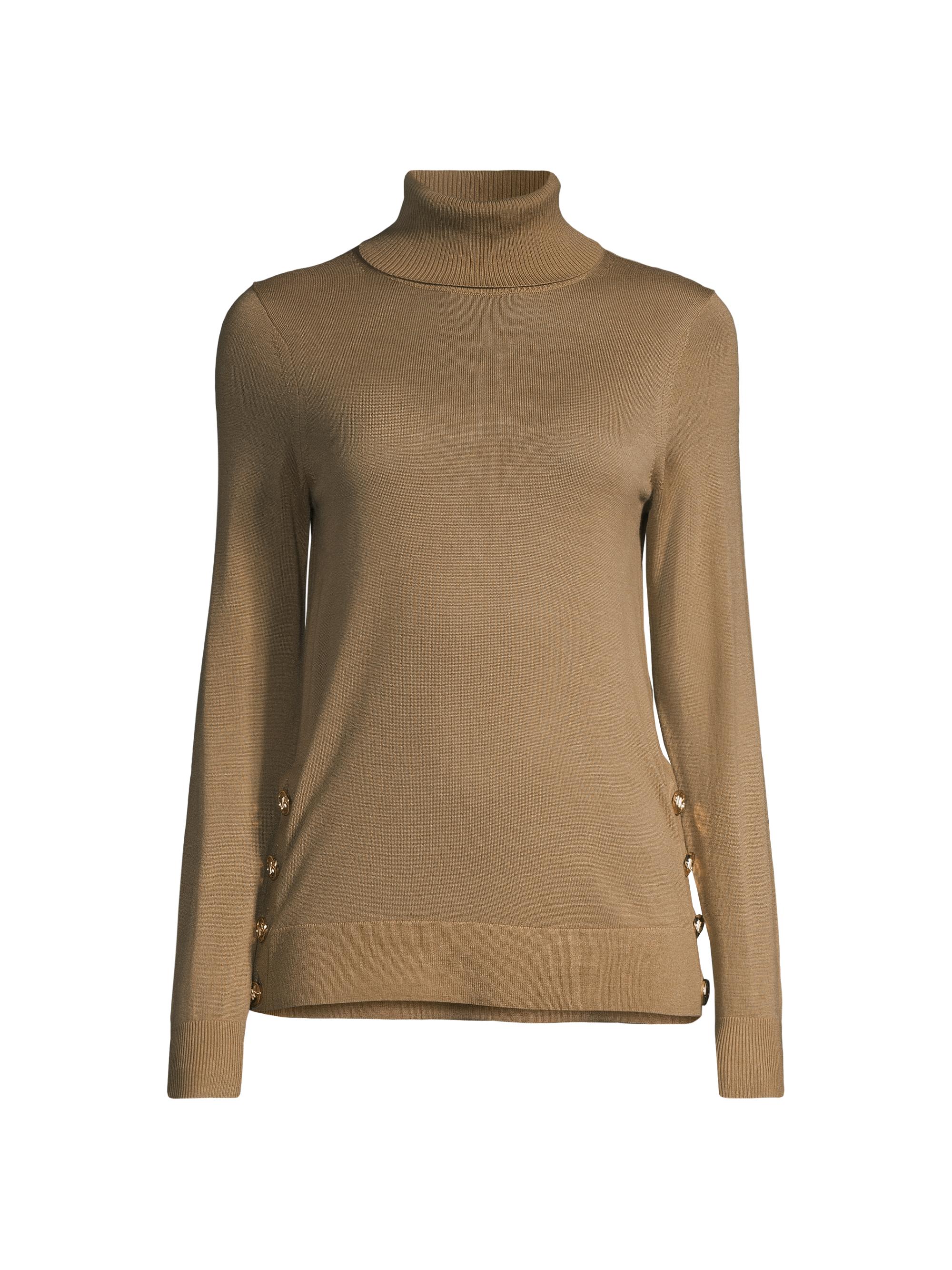 MICHAEL Michael Kors Women's Side-Button Merino Wool Turtleneck Sweater - Dark Camel