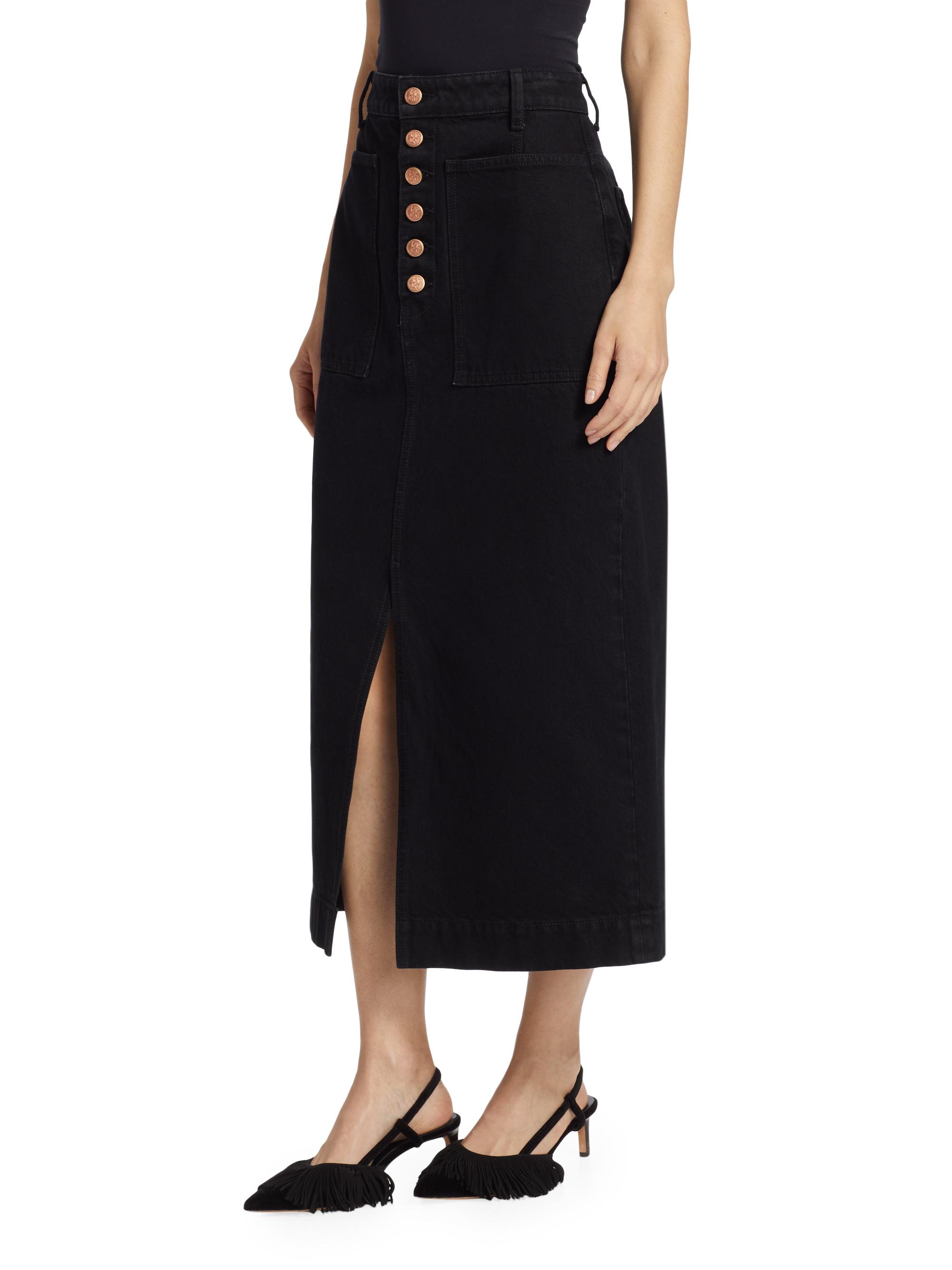 Ulla Johnson Women's Bea Denim Midi-Skirt - Noir Wash - detail view in Noir wash