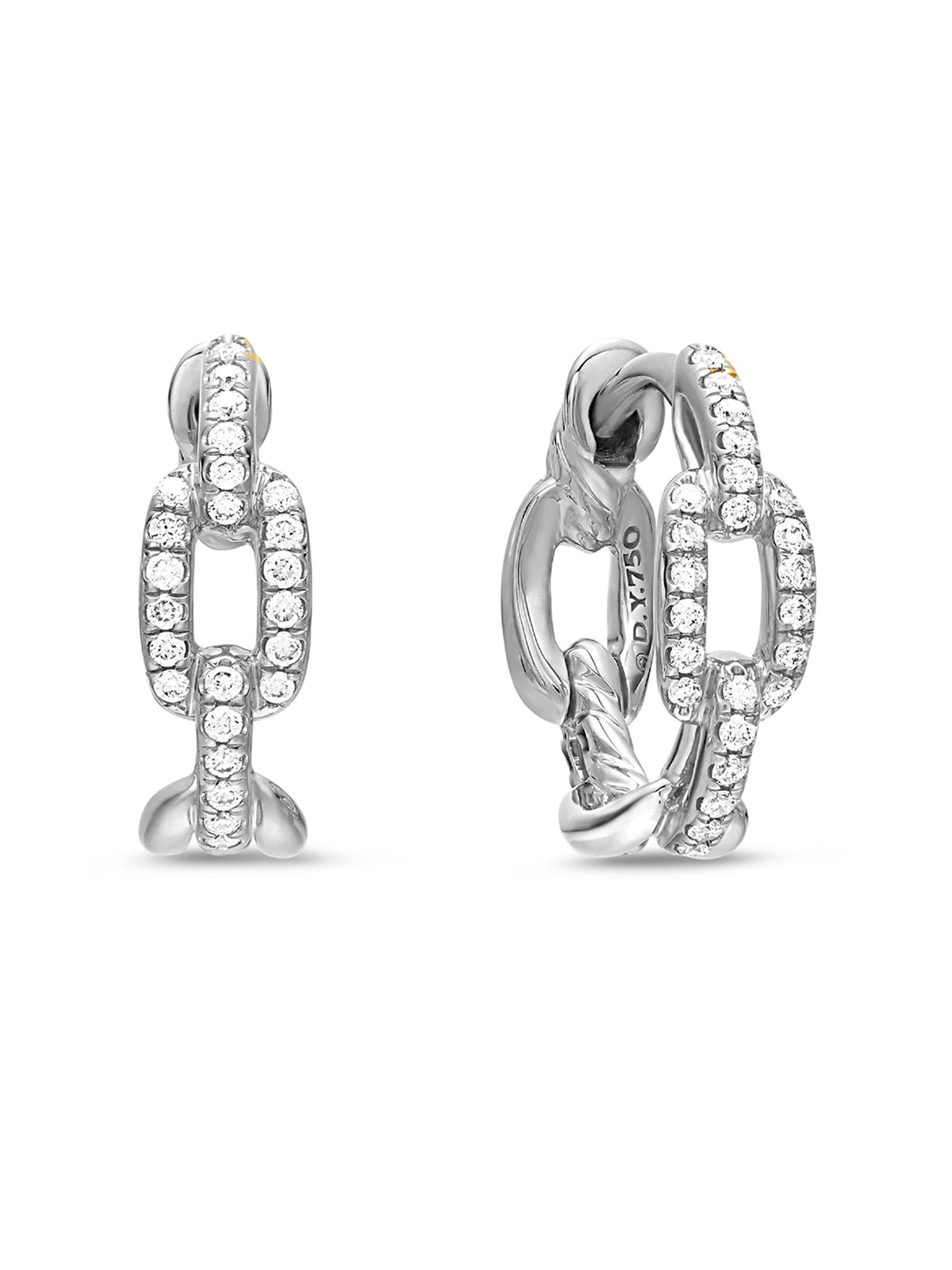 David Yurman Women's Stax Chain Link Huggie Hoop Earrings in 18K White Gold with Diamonds, 12.5mm - Diamond