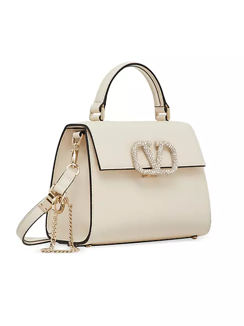 Valentino Garavani Small Vsling Leather Top Handle Bag in iA5 Light Ivory/Crystal