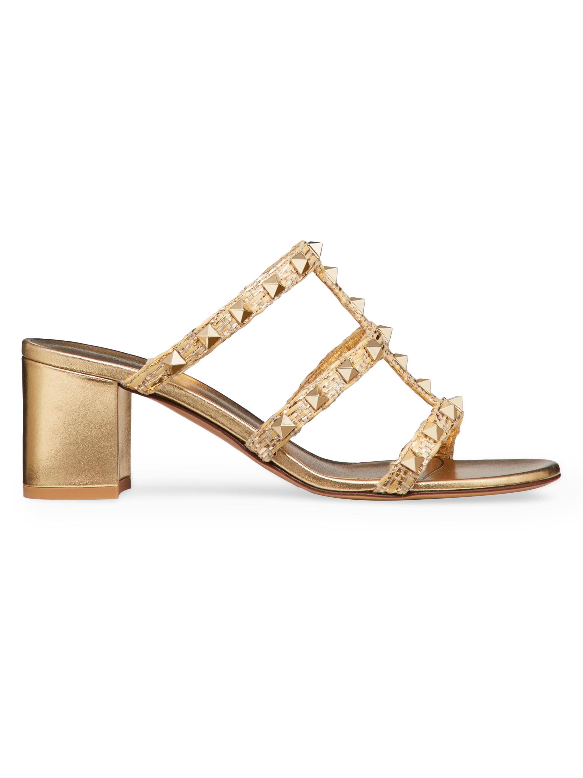 Valentino Garavani Women's Rockstud Raffia Slide Sandals 60mm - Gold