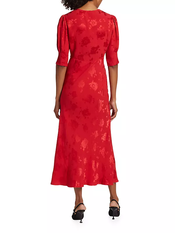 Red Floral Jacquard Lace Up Back Midi Dress