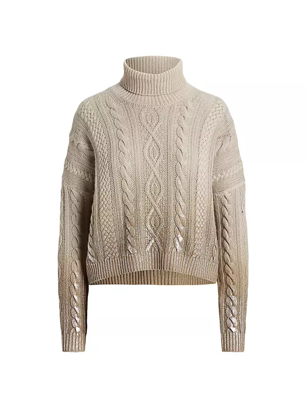 Ralph Lauren Collection Cashmere Turtleneck Sweater with Artisanal Handpainted Detail, Wheat, Women's, M, Sweaters Cashmere Sweaters