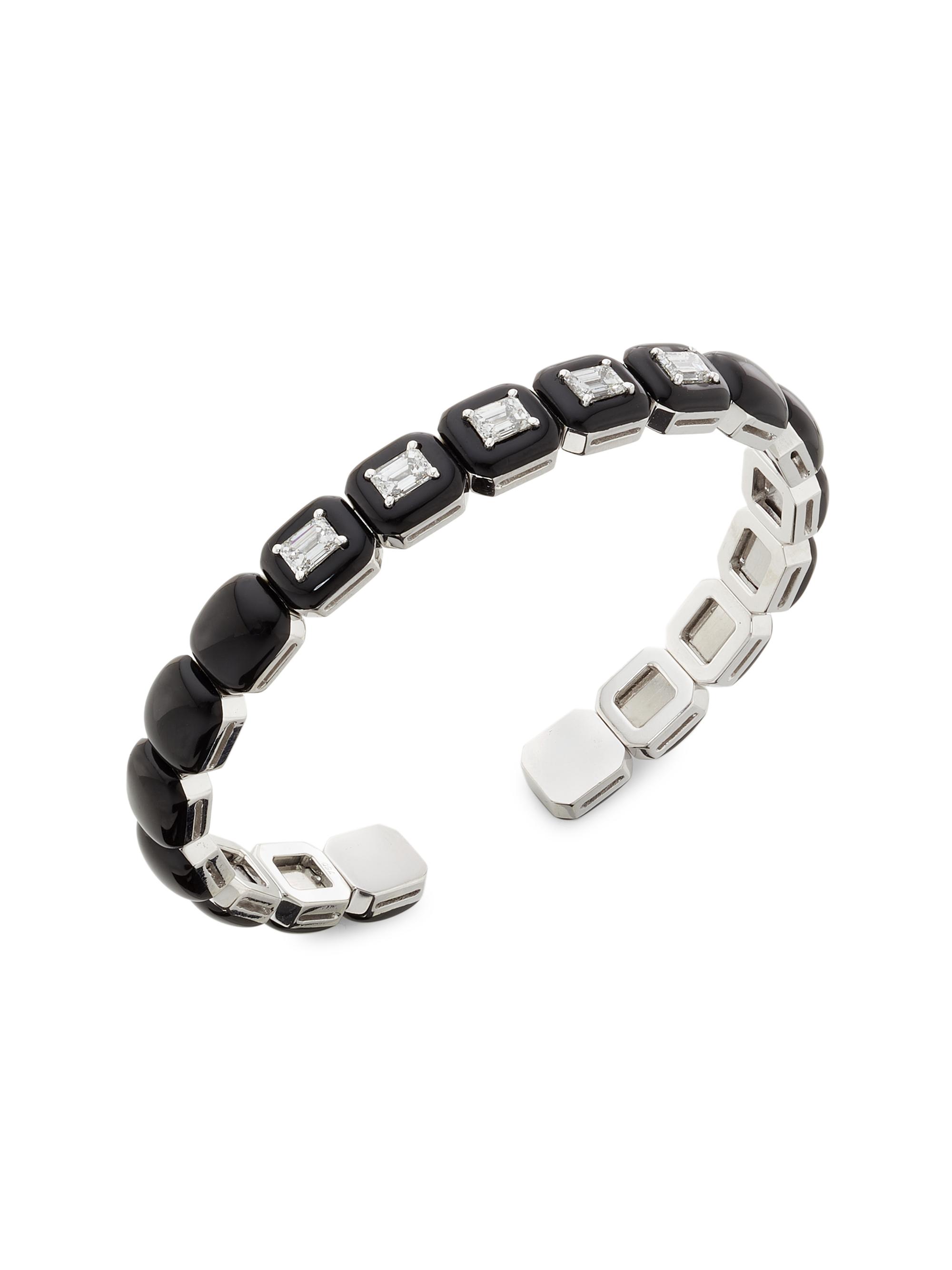 Nikos Koulis Women's Oui 18K White Gold, 120 TCW Diamond & Black Enamel Cuff - White Gold