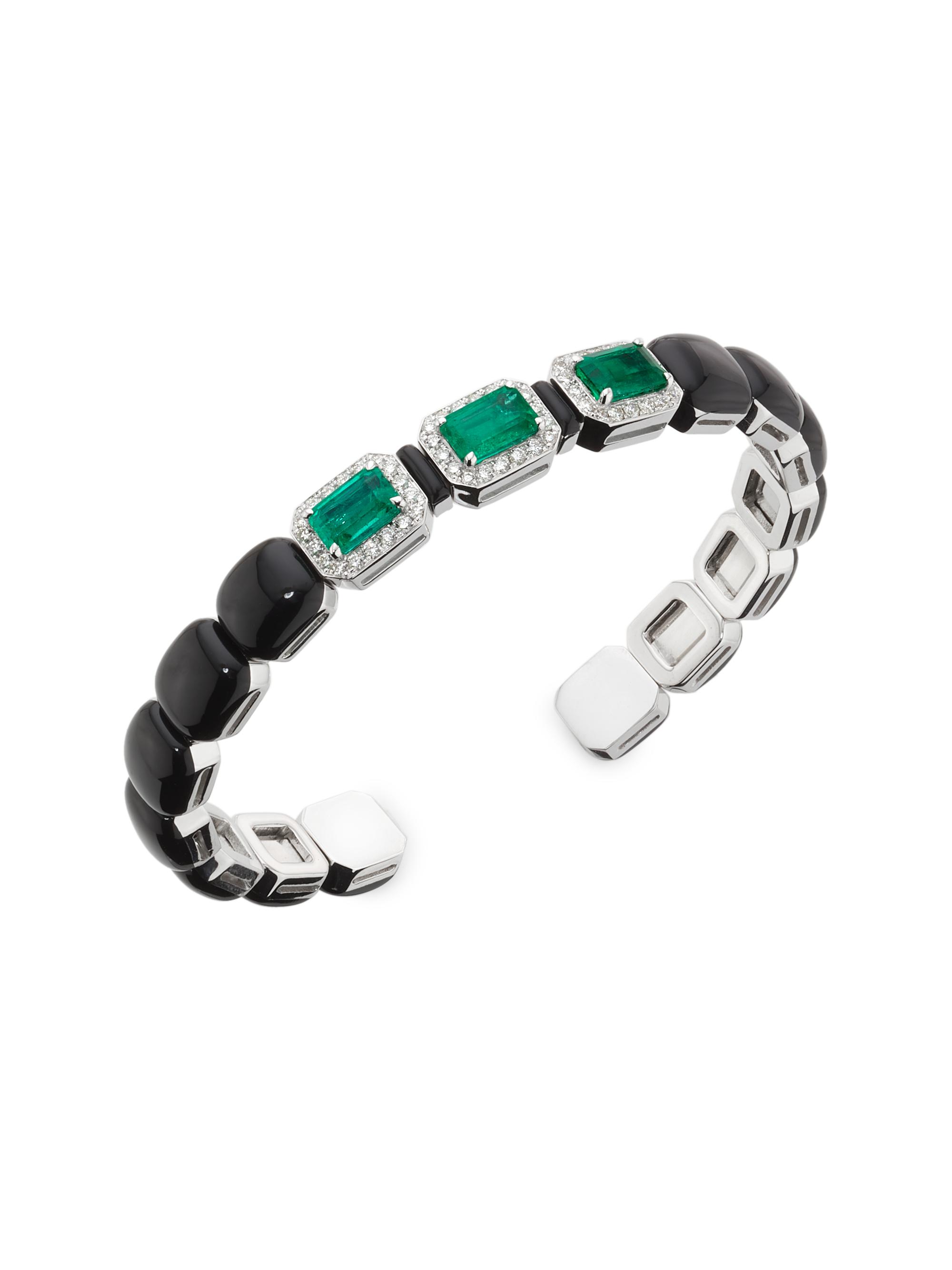 Nikos Koulis Women's Oui 18K White Gold, 0.43 TCW Diamond & Black Enamel Cuff - White Gold