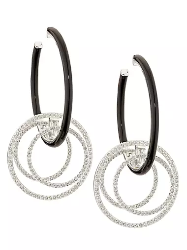 Oui 18K White Gold, 1.85 TCW Diamond & Black Enamel Hoop Earrings