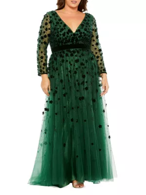 Mac Duggal Women's Plus Velvet Flower Tulle Gown - Emerald