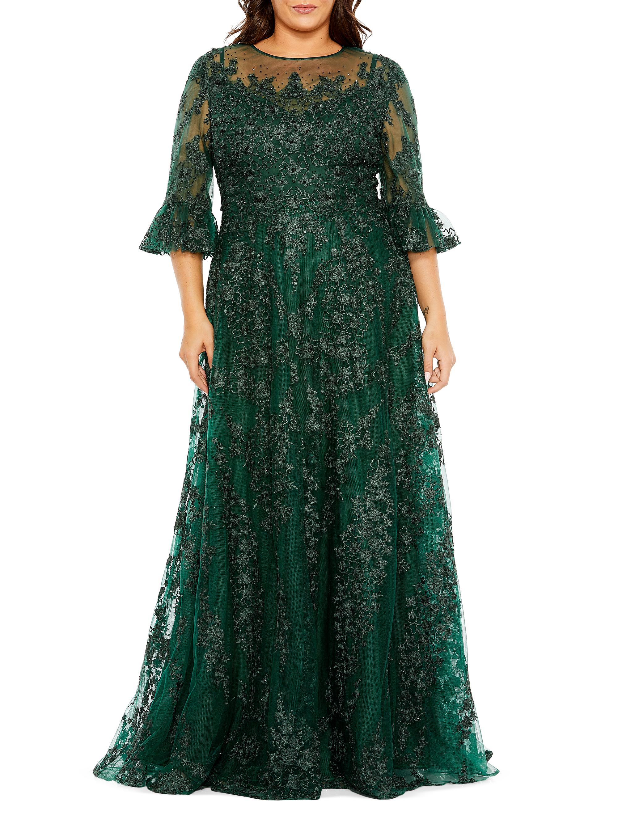 Mac Duggal Women's Plus Floral Embroidered Gown - Emerald