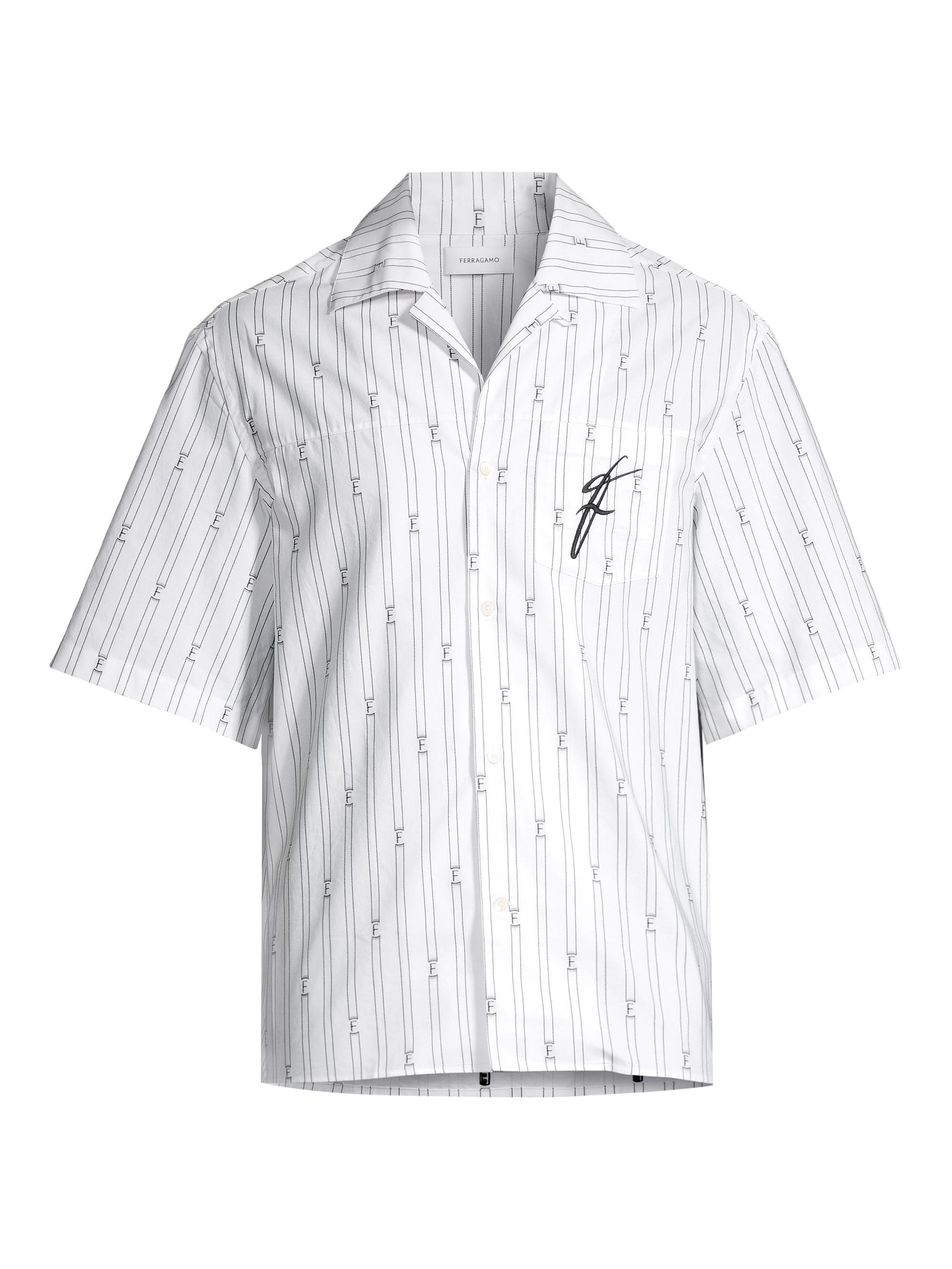 FERRAGAMO Men's Striped Logo Camp Shirt - Optic White