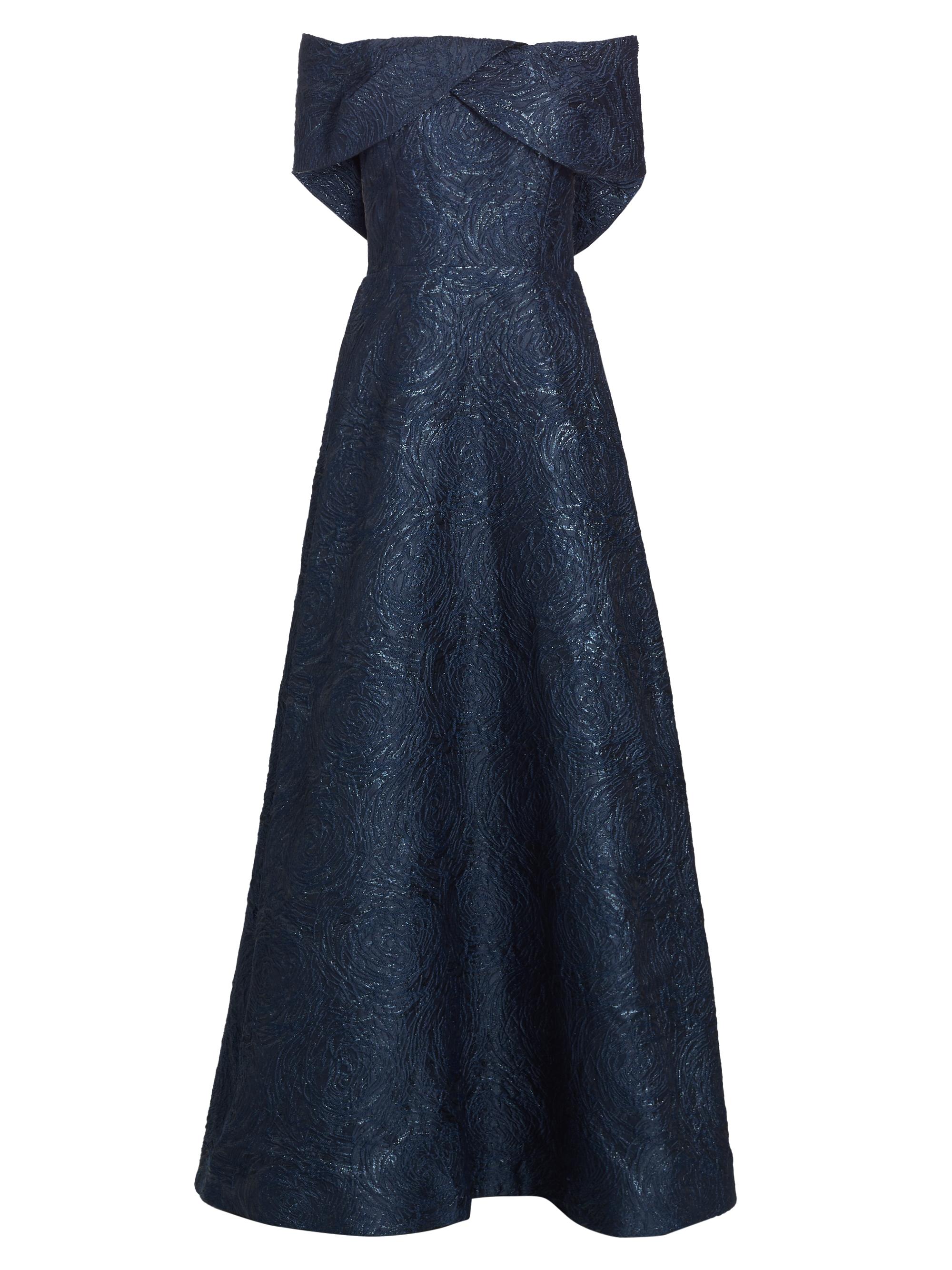 Teri Jon by Rickie Freeman Women's Metallic Textured Floral Off-the-Shoulder Gown - Sapphire Black