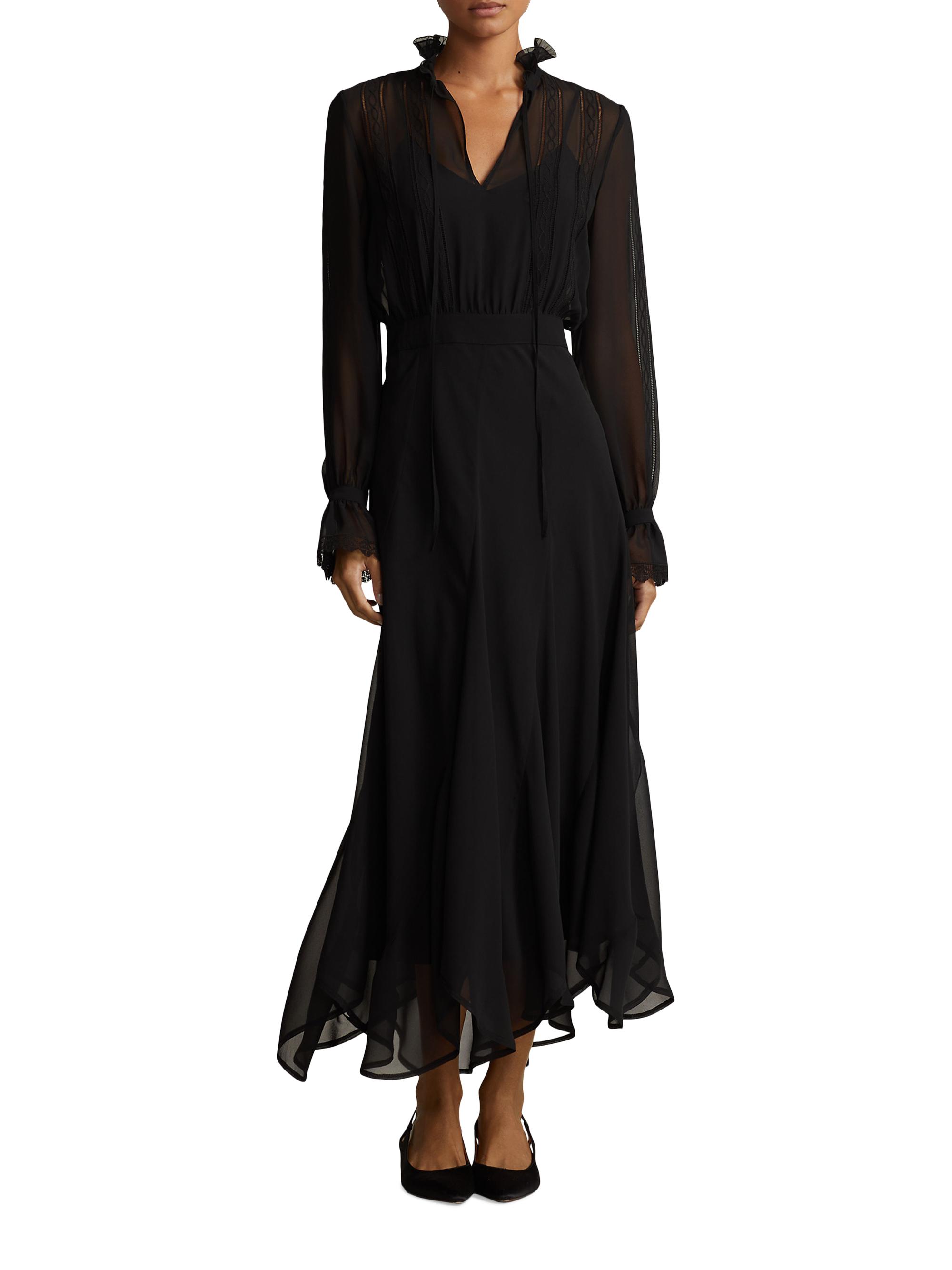 【M】French Sleeve Polo Long Dress Polo Ralph Lauren Lace-Trim Georgette Midi-Dress | Saks Fifth Avenue