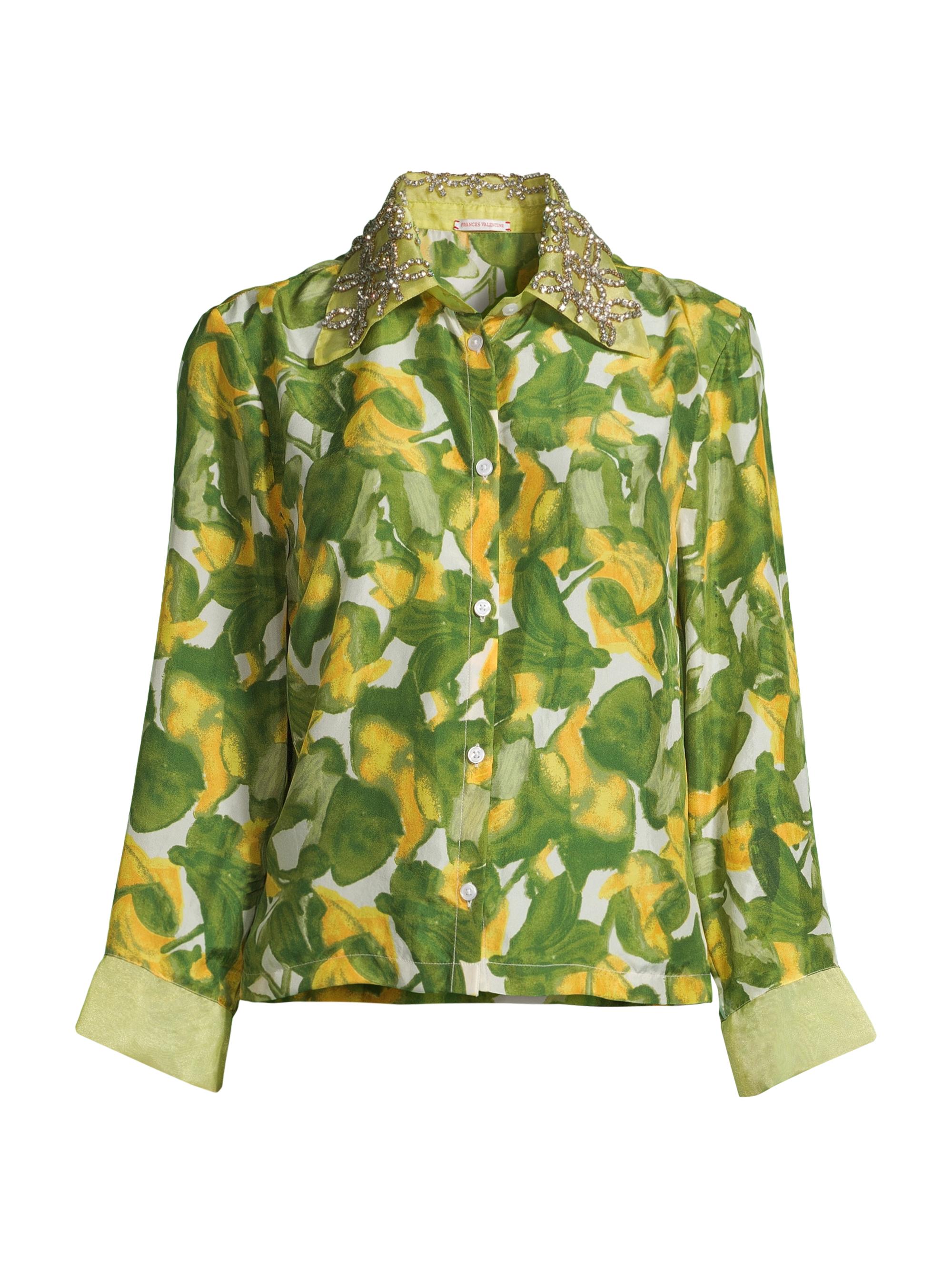 Frances Valentine Women's Gloria Embellished Pear-Print Silk Shirt - Yellow Green
