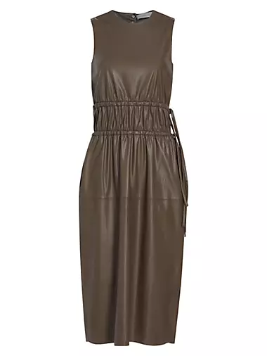 Faux Leather Ruched Midi-Dress