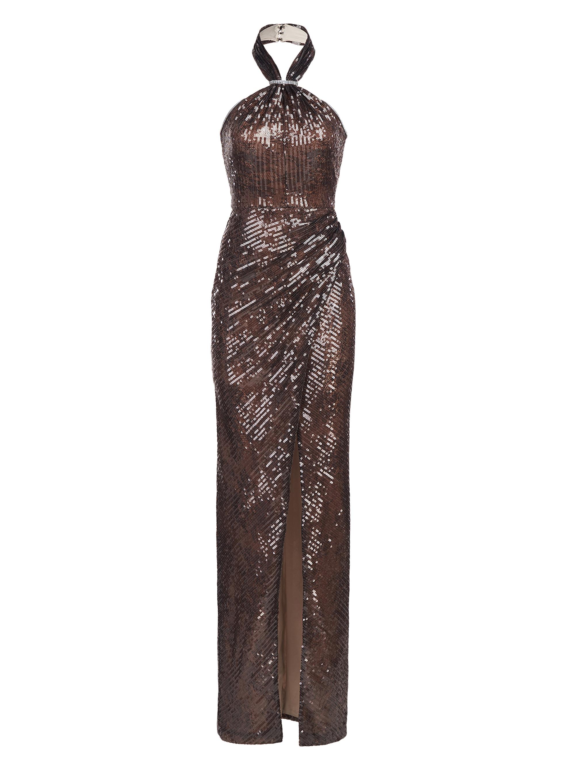 Halston Women's Umbra Sequin Lace Halter Gown - Umber