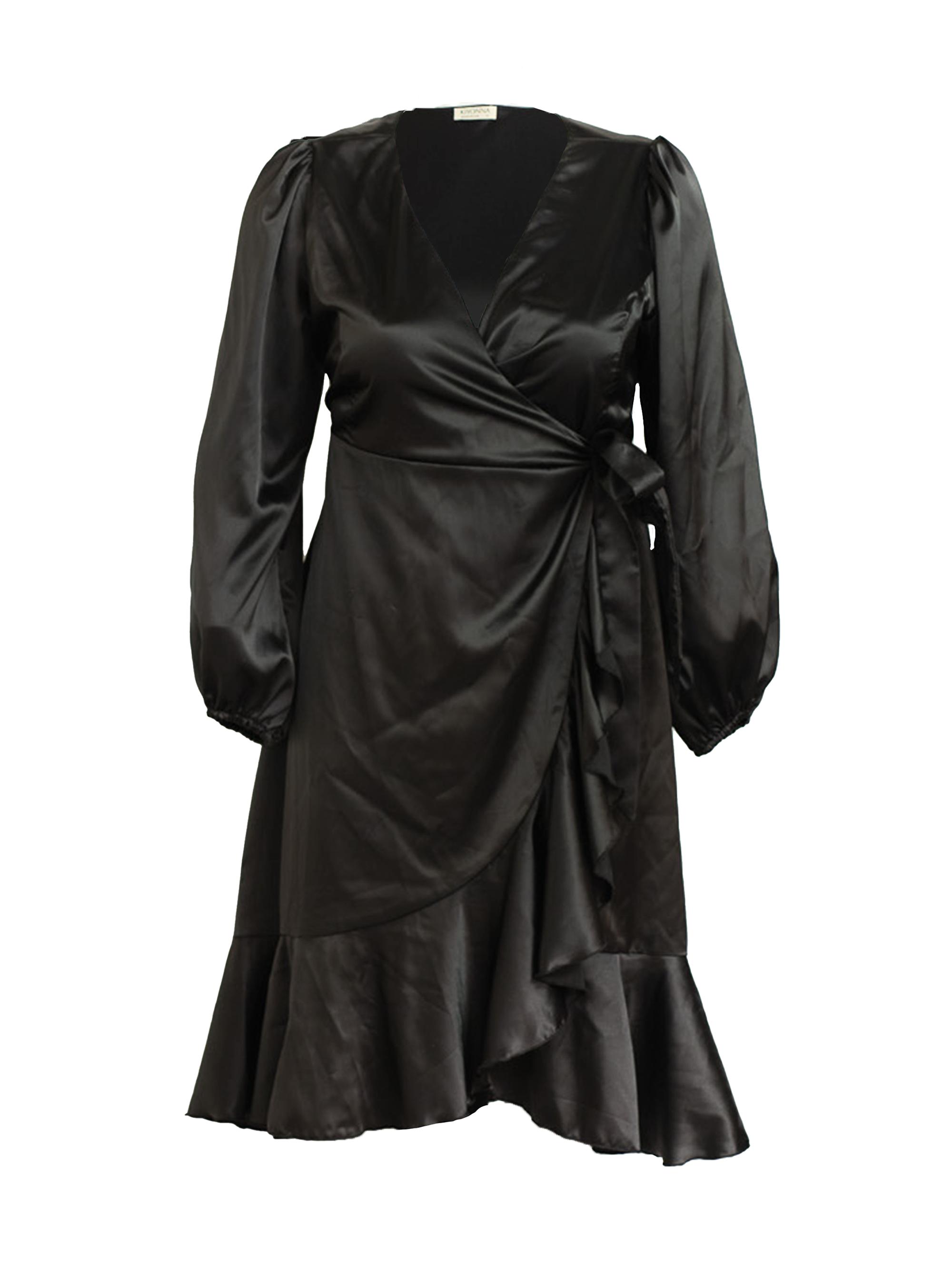 Kiyonna Women's Serena Satin Wrap Dress - Onyx