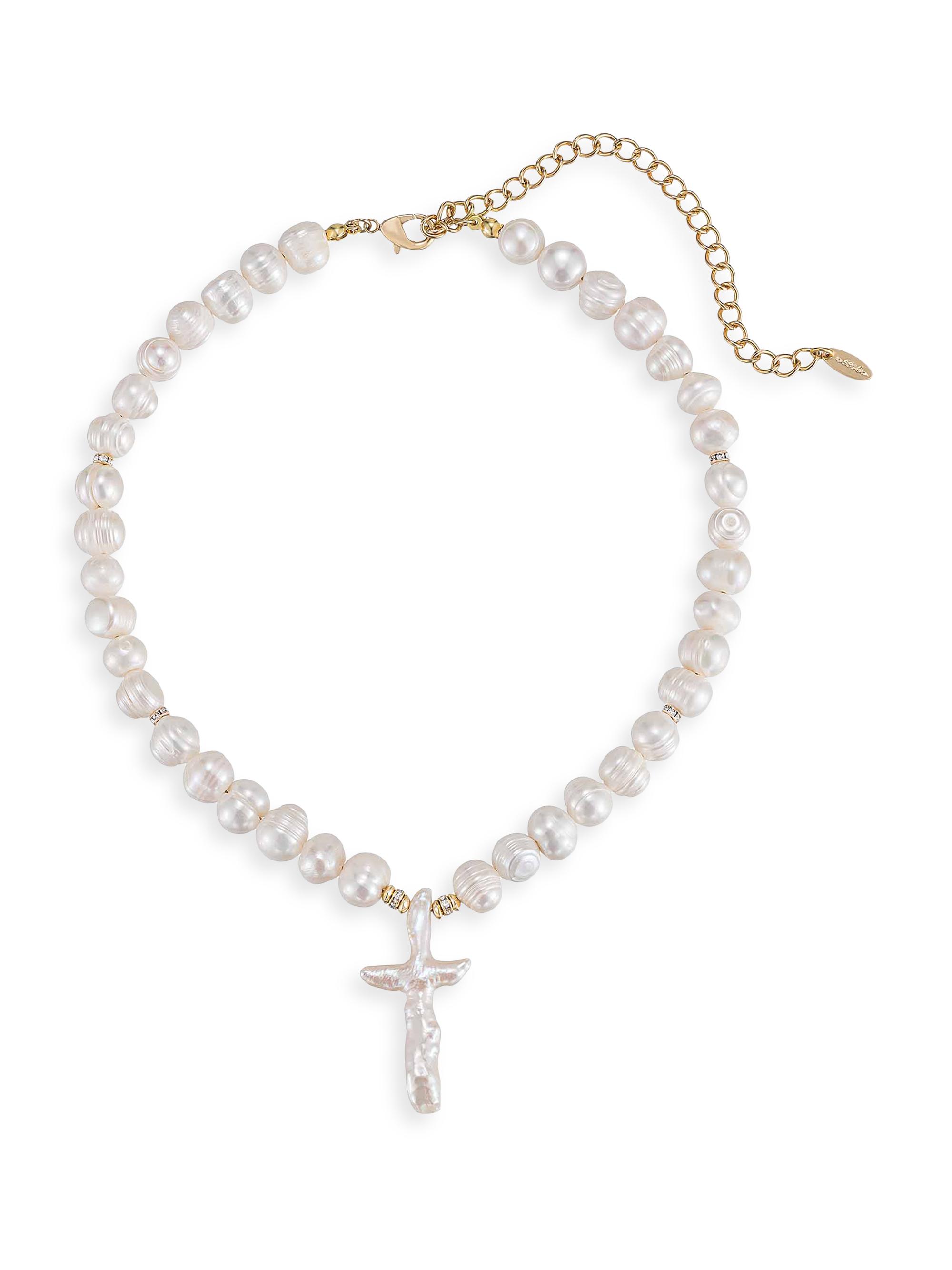 Ettika Women's 18K Gold-Plated, Freshwater Pearl & Glass Cross Necklace - Gold