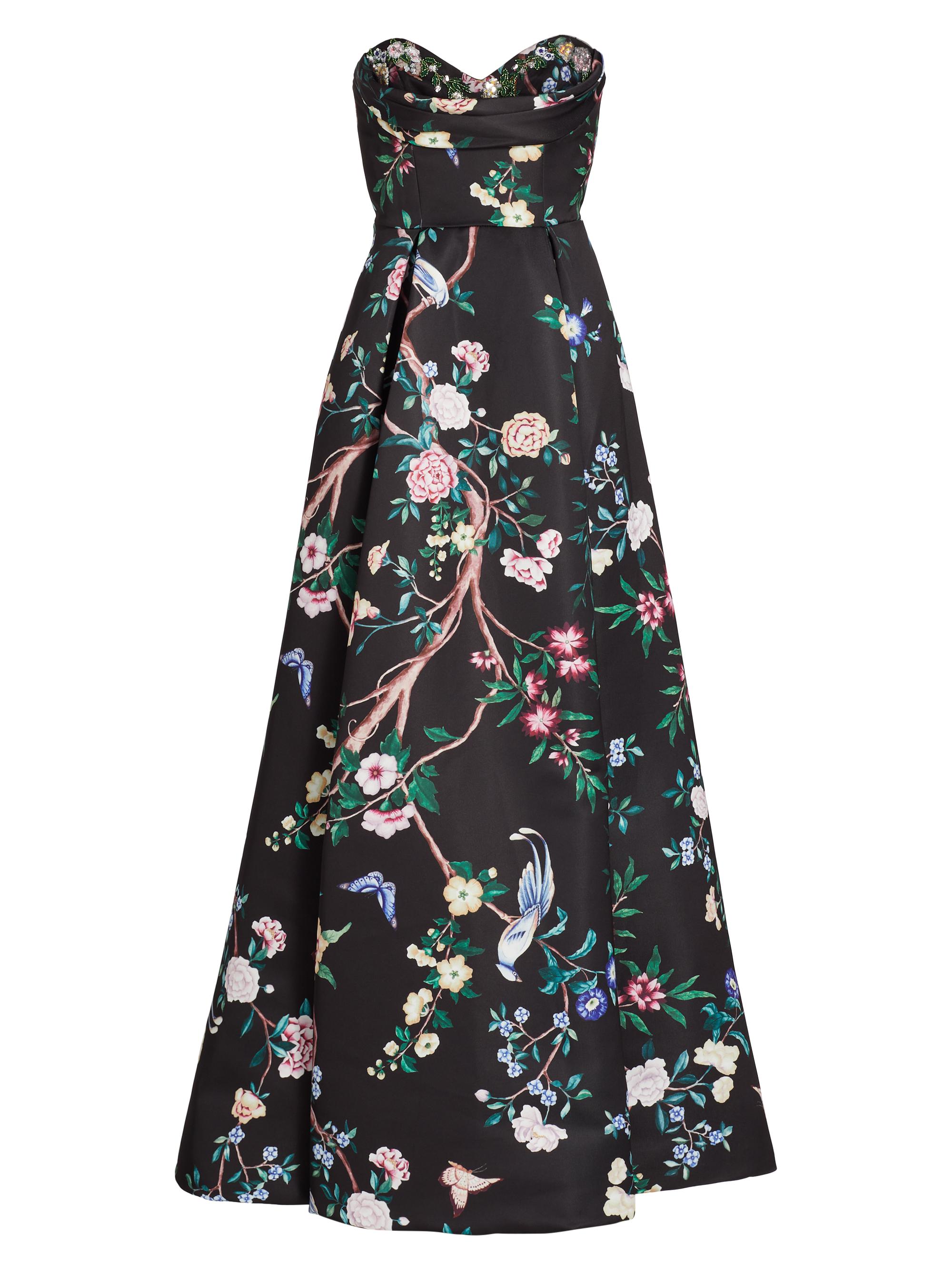 Marchesa Notte Women's Strapless Floral Satin Gown - Black