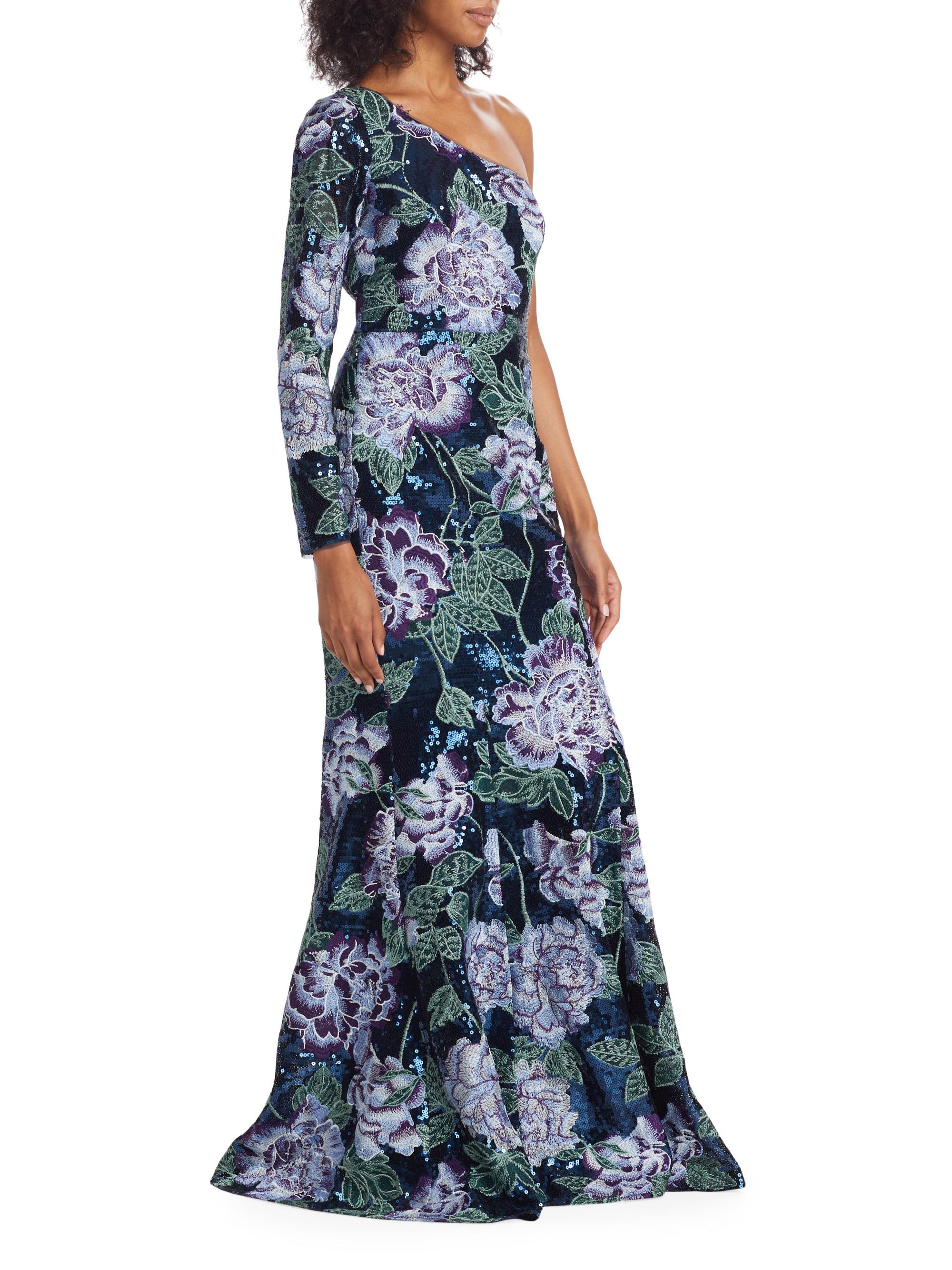 Marchesa Notte Floral-Embroidered One-Shoulder Gown | Saks Fifth
