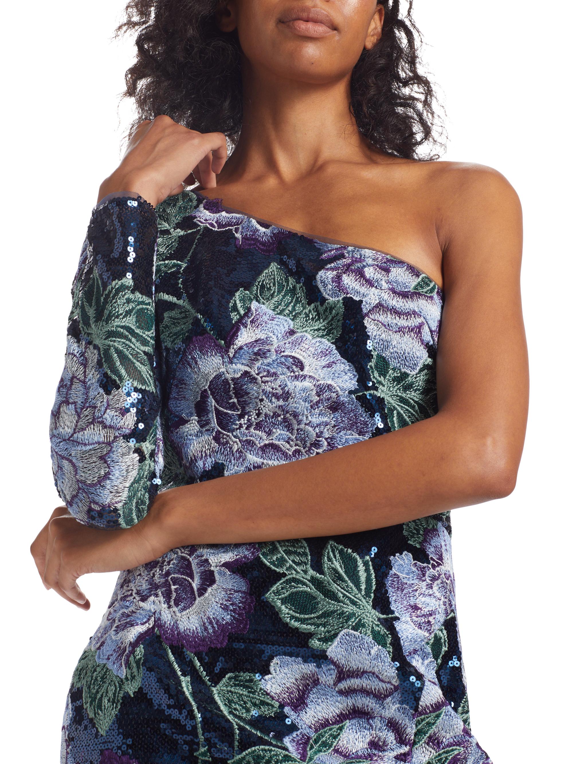 Marchesa Notte Floral-Embroidered One-Shoulder Gown | Saks