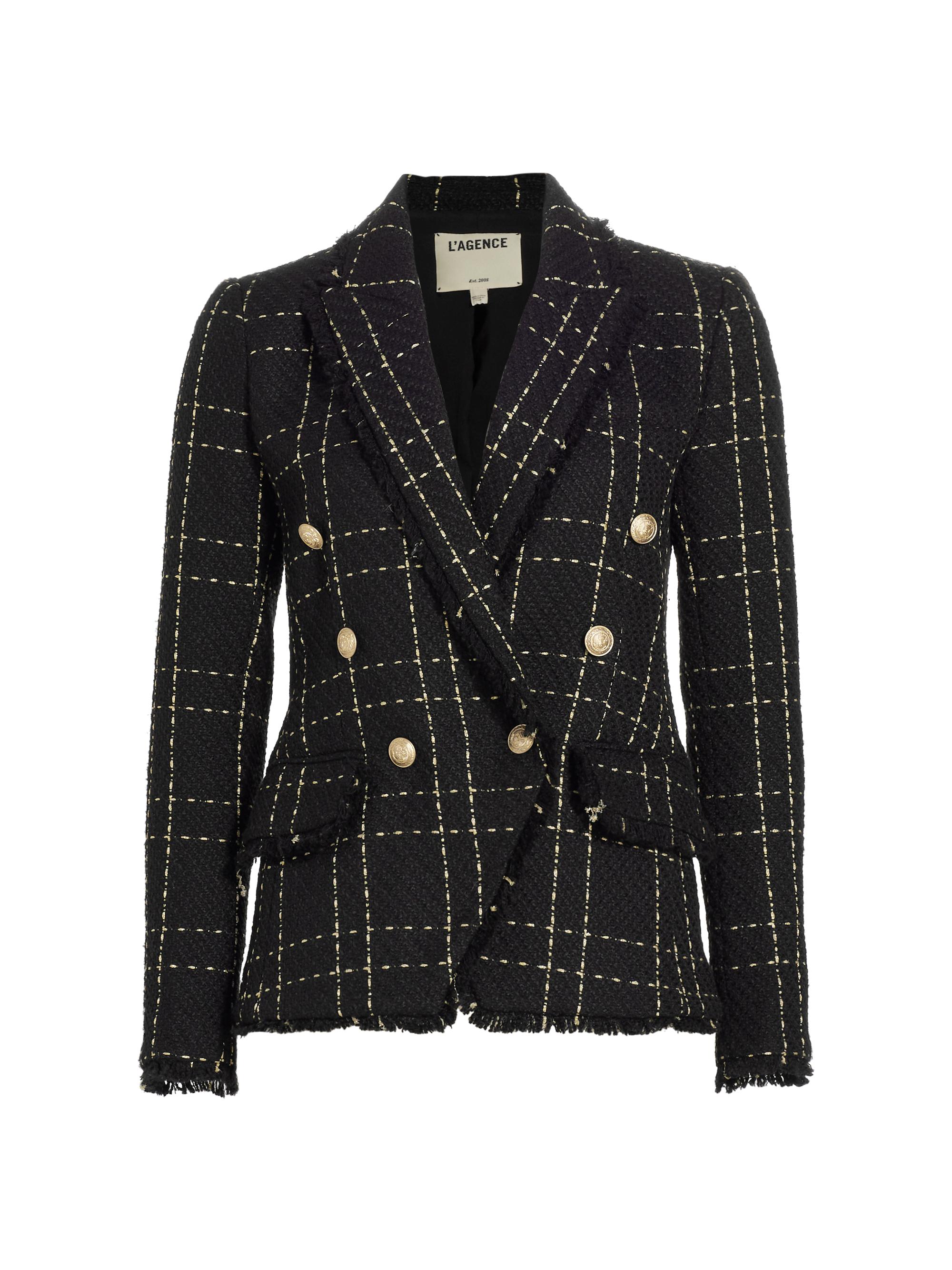 L'AGENCE Women's Kenzie Check Fringe Blazer - Black Gold