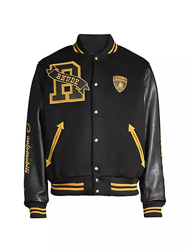  Varsity Baseball Letterman Bomber School Collage Premium Wool  and Genuine Yellow Gold Leather Sleeves Zipper Jacket : Clothing, Shoes 