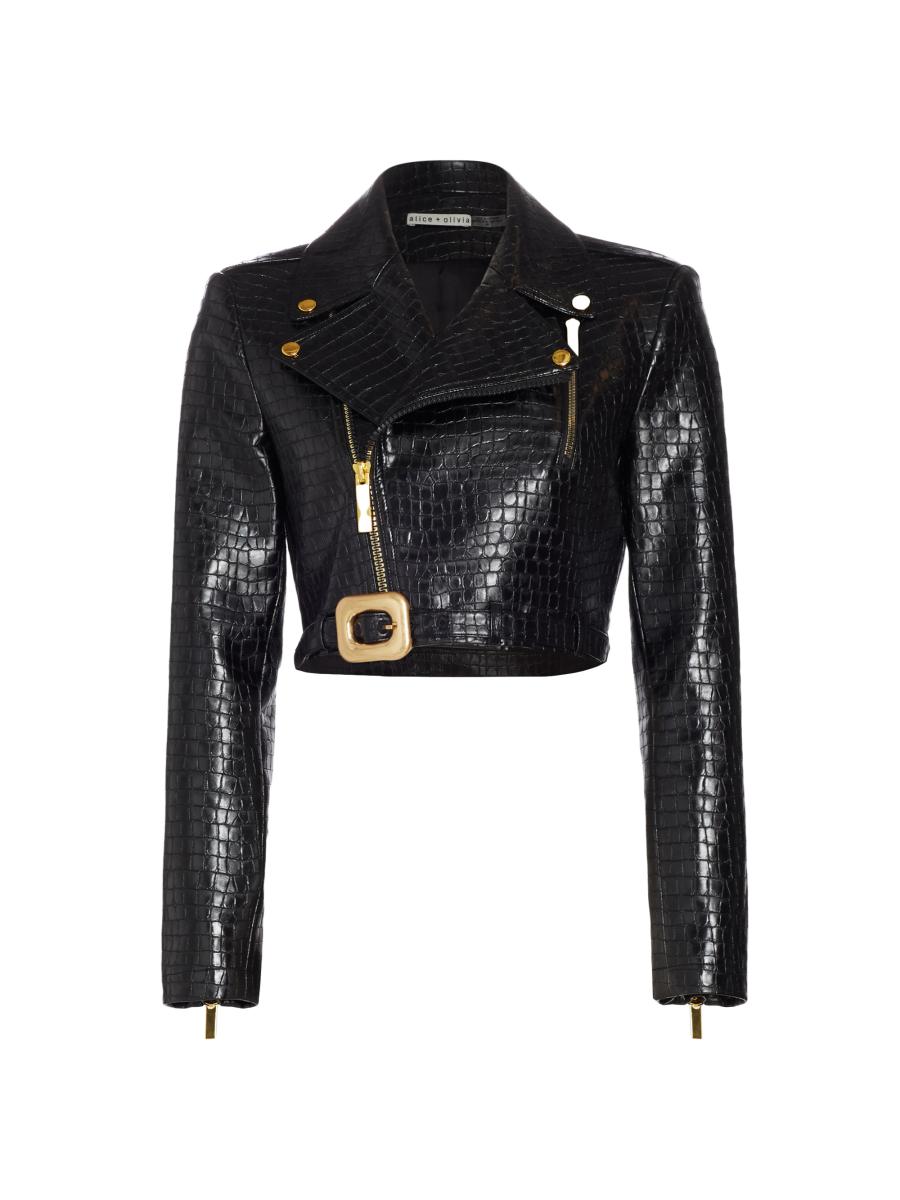 Alice + Olivia Krishna Croc-Embossed Vegan Leather Crop Moto