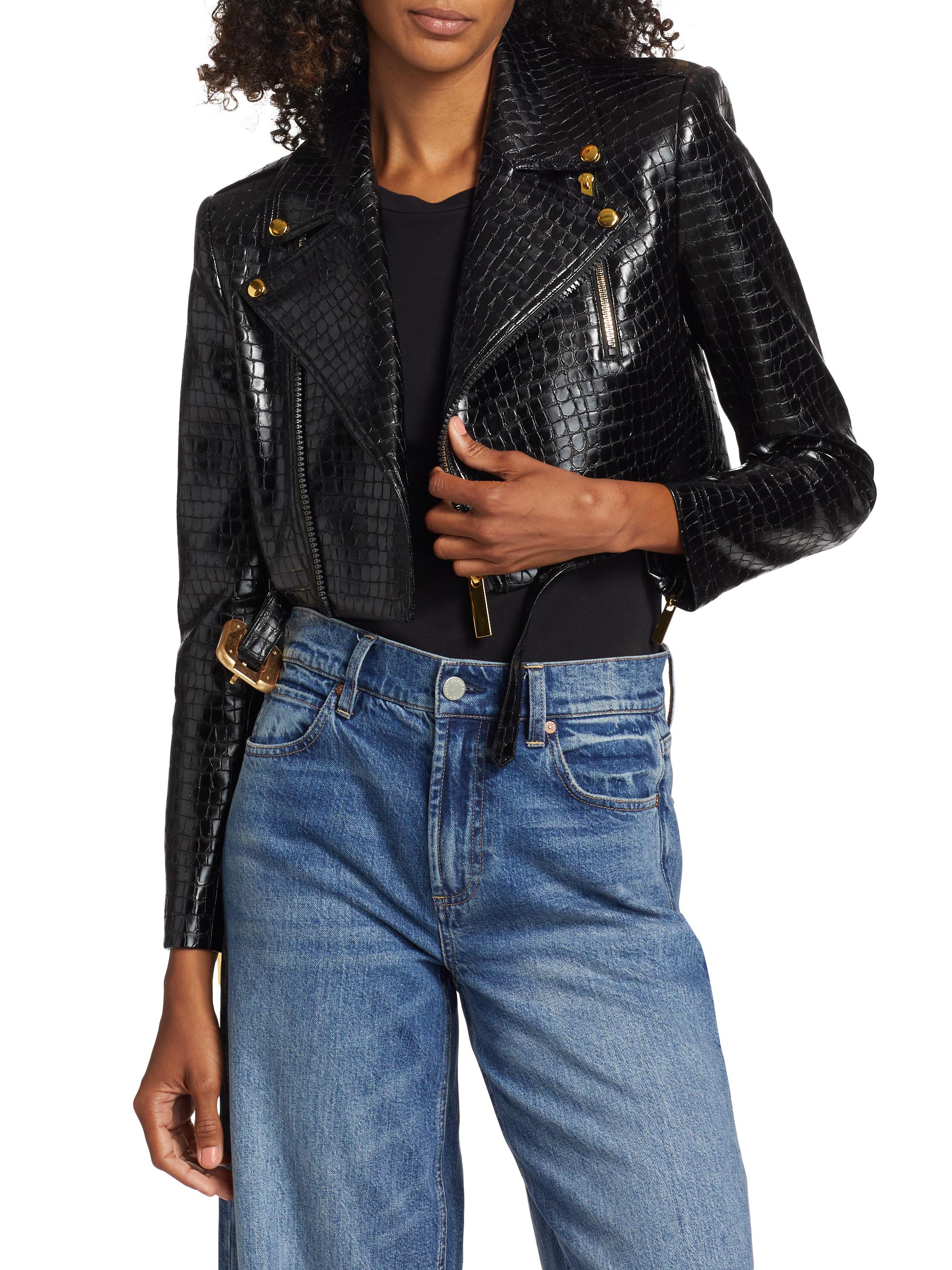 Alice + Olivia Krishna Croc-Embossed Vegan Leather Crop Moto