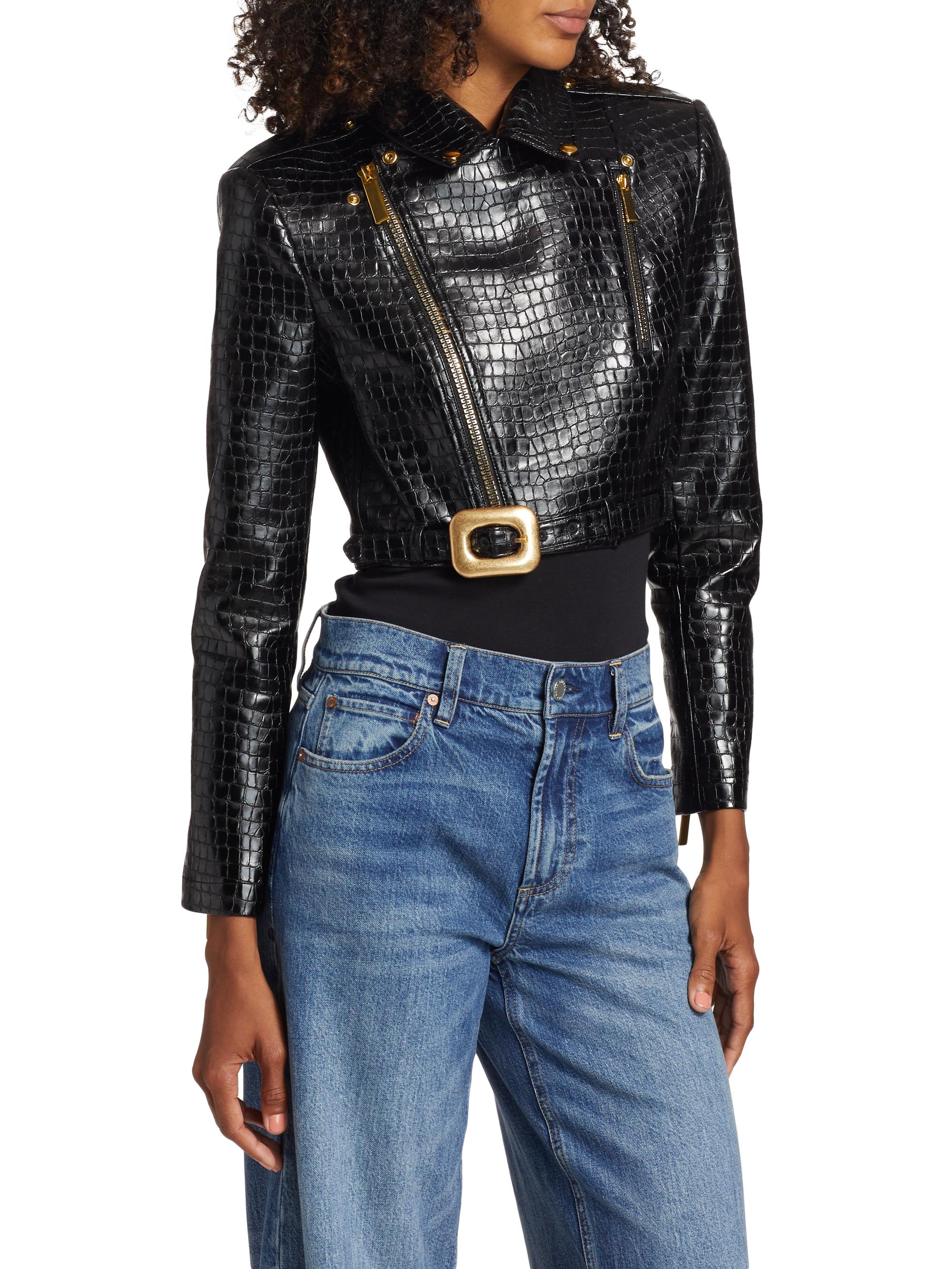Alice + Olivia Krishna Croc-Embossed Vegan Leather Crop Moto