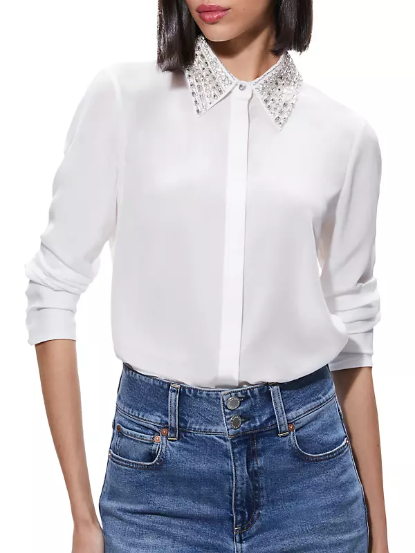 Shop Alice + Olivia Willa Embellished Silk Button-Front Shirt 