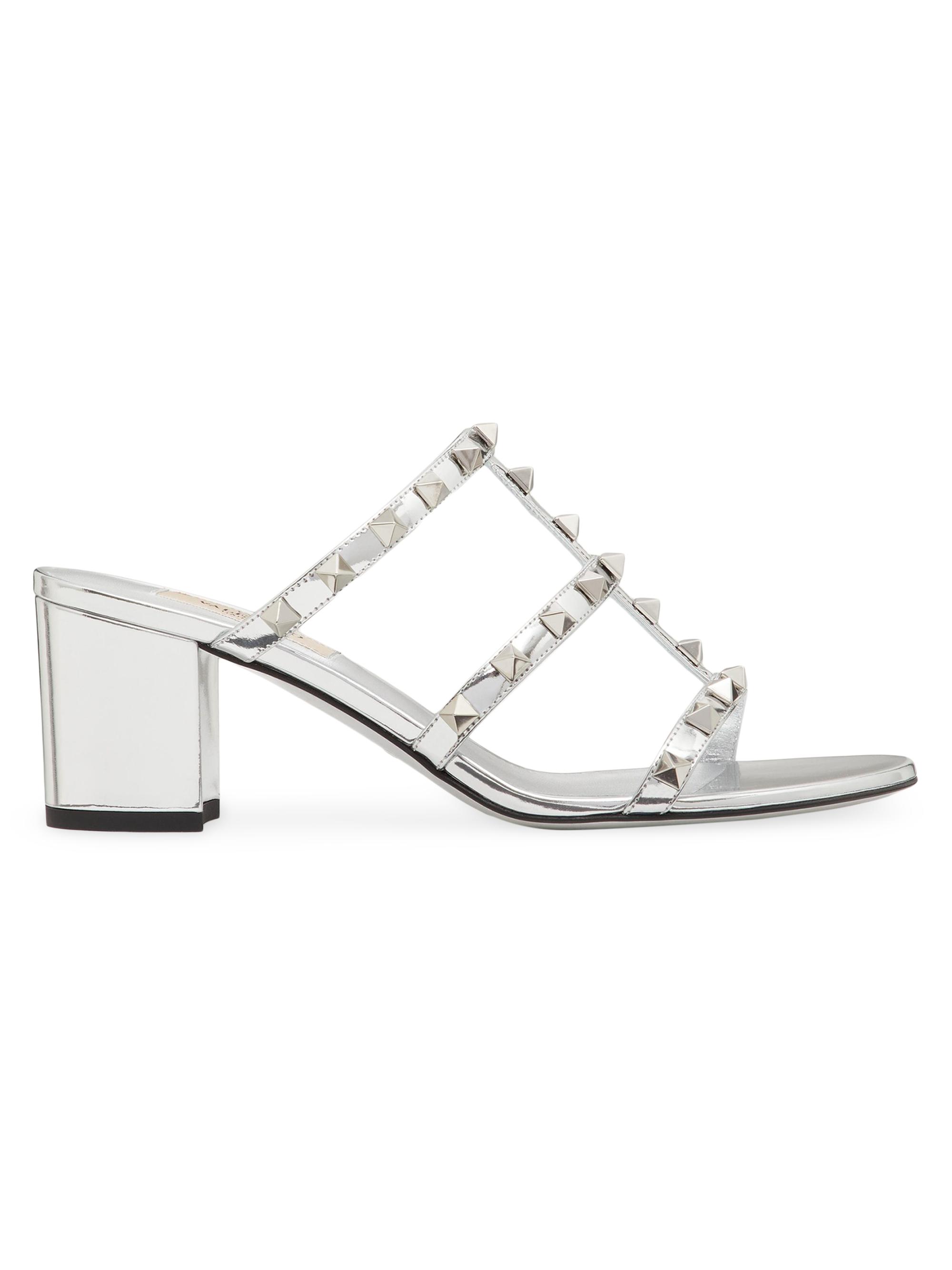 Valentino Garavani Women's Rockstud Mirror-Effect Slide Sandals - Silver