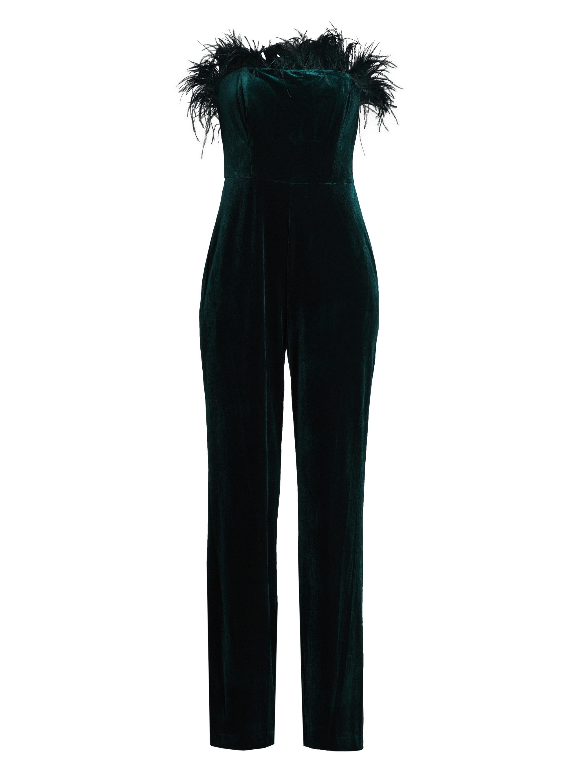 Liv Foster Women's Velvet Feather-Trim Jumpsuit - Hunter