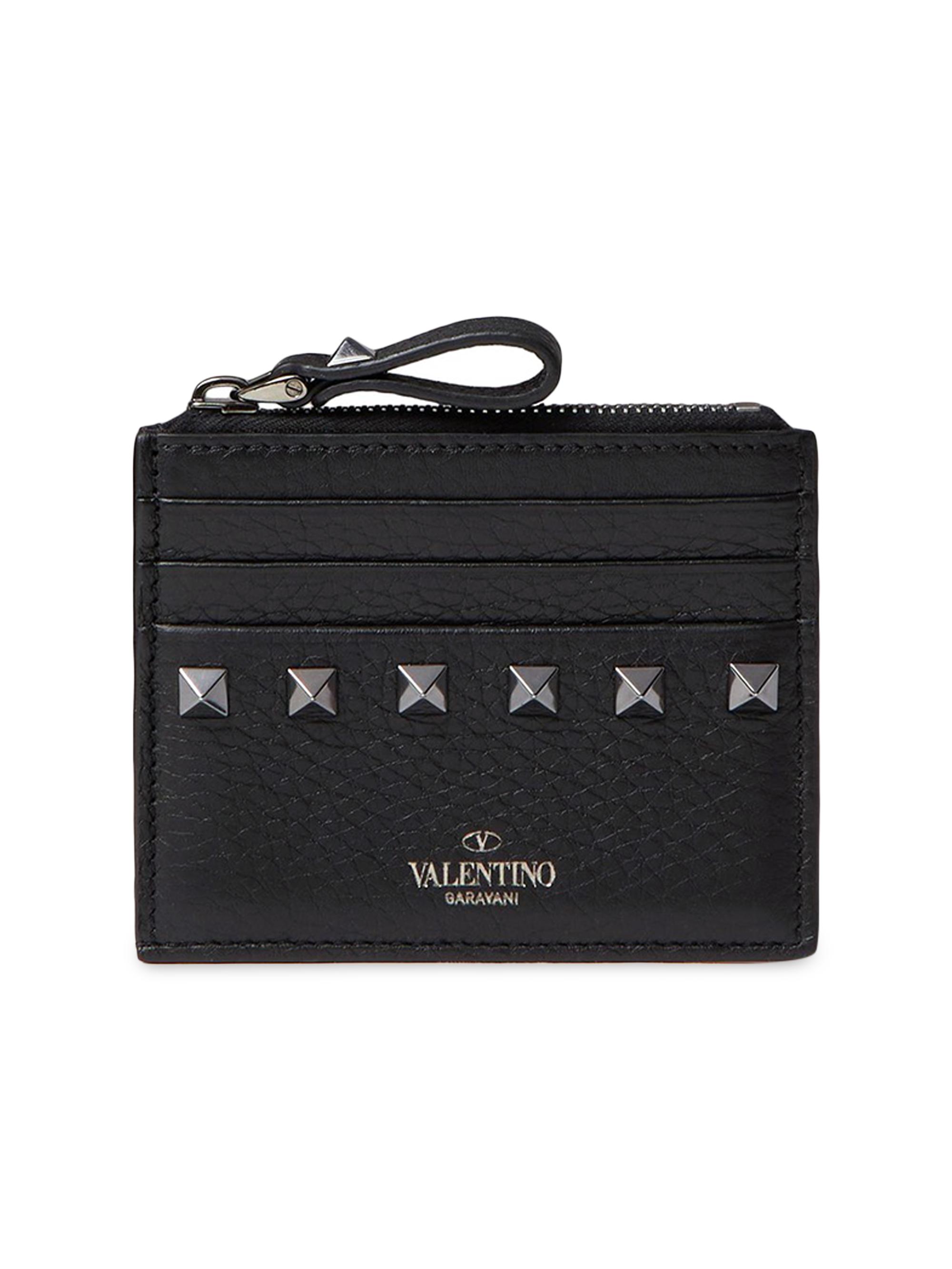 Valentino Garavani Women's Rockstud Grainy Calfskin Cardholder with Zipper - Black