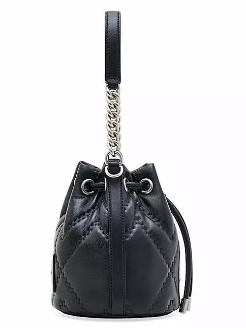 Black Quilted Leather Small Drawstring Bucket Bag