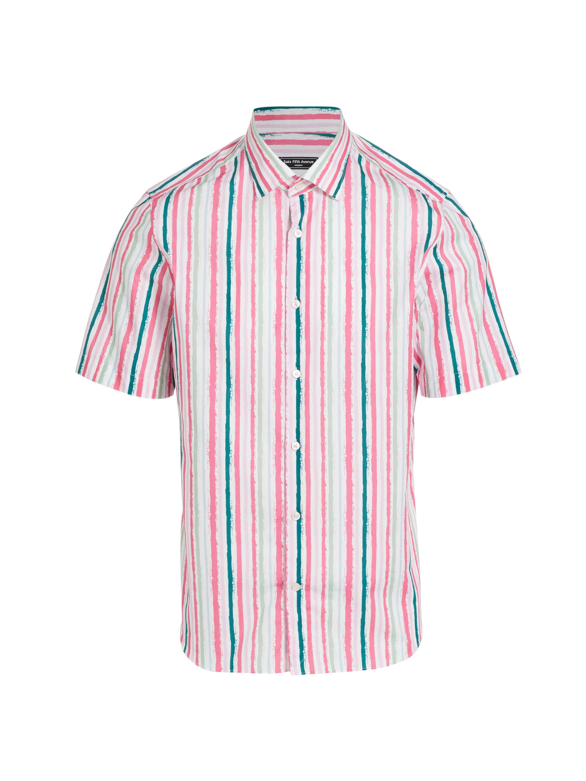 Saks Fifth Avenue Men's Slim-Fit Striped Short-Sleeve Shirt - Hot Pink