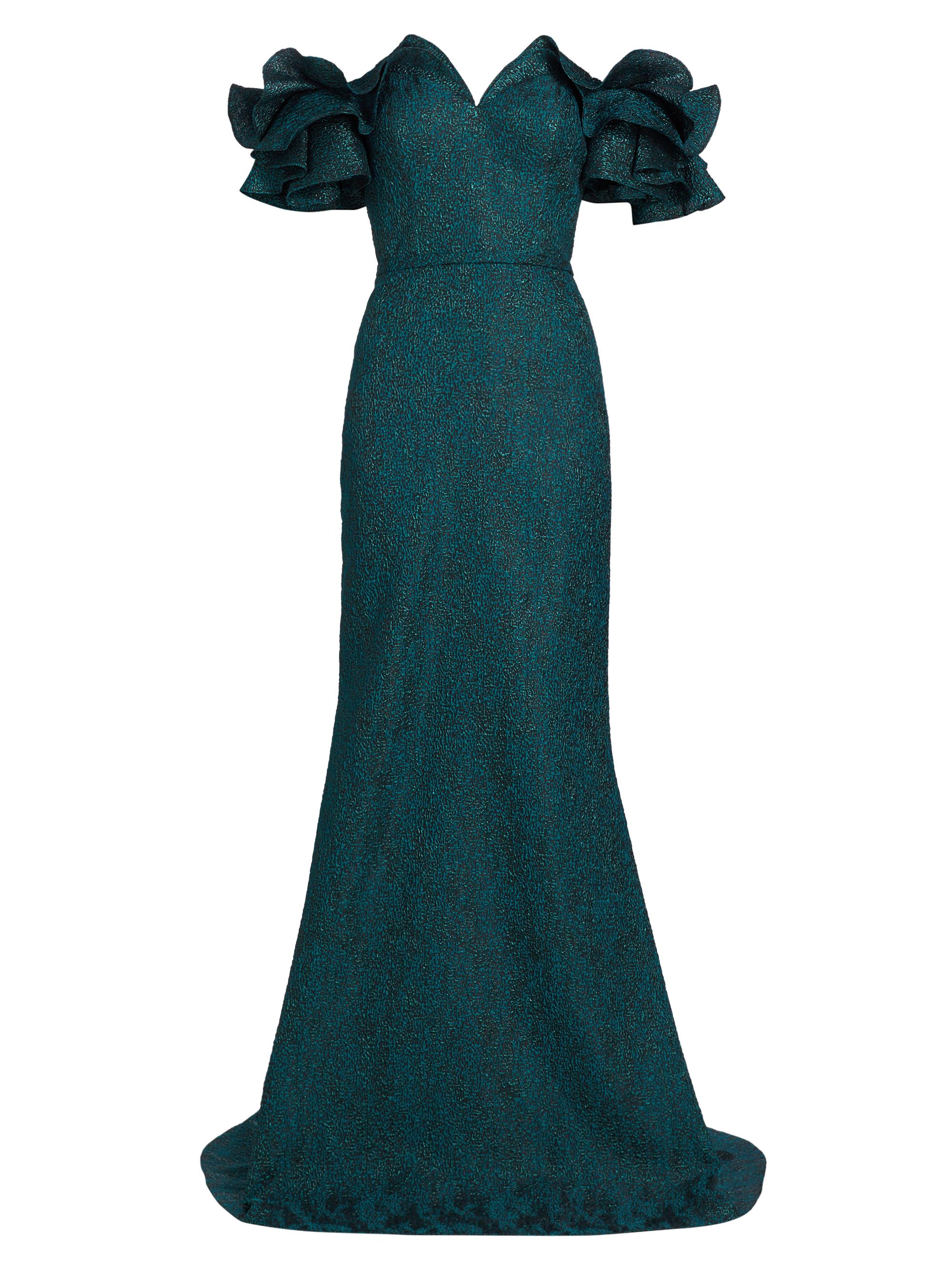 Teri Jon by Rickie Freeman Women's Metallic Ruffle Off-the-Shoulder Gown - Teal