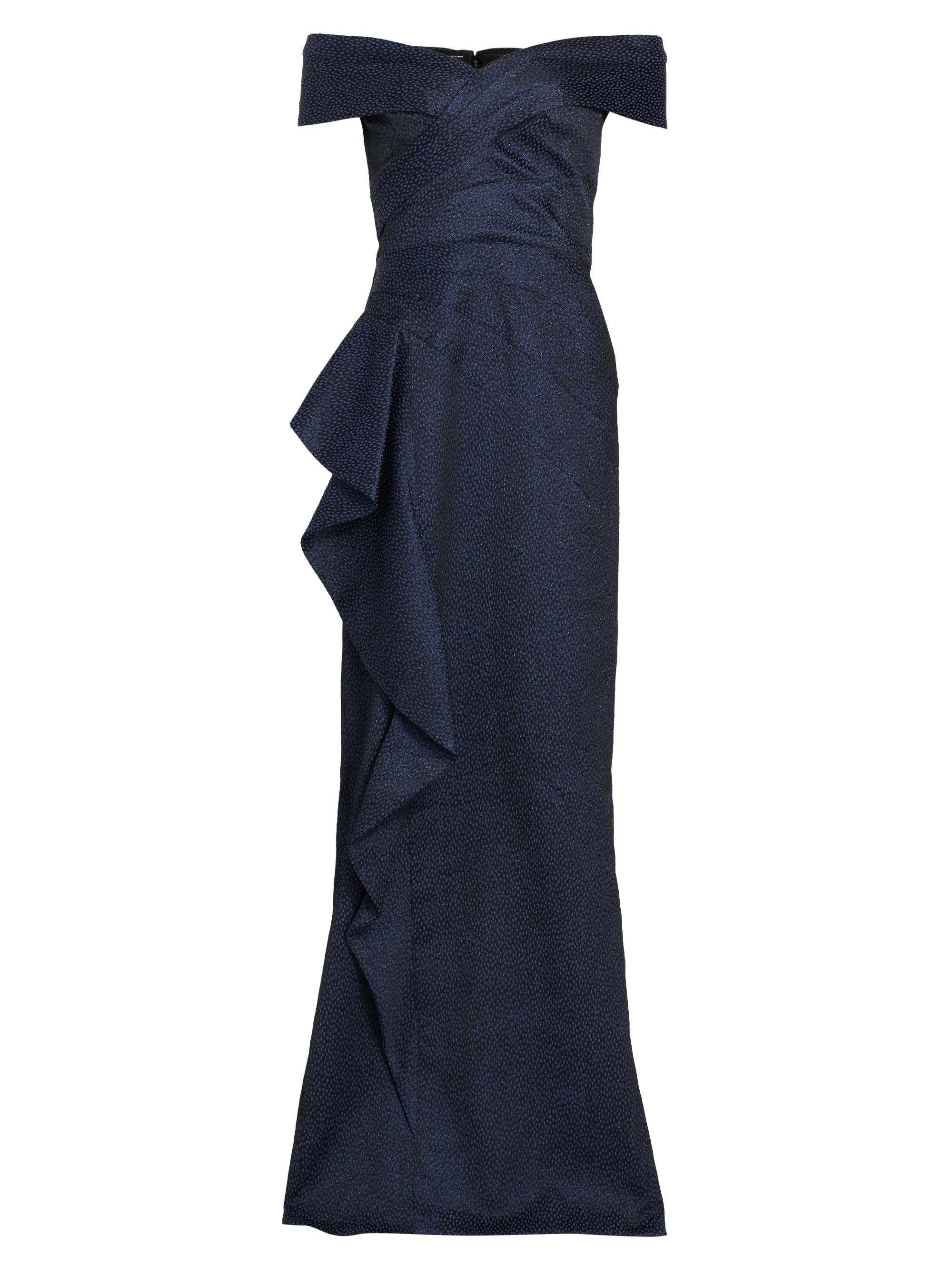 Teri Jon by Rickie Freeman Women's Metallic Cascade Off-the-Shoulder Gown - Sapphire Black